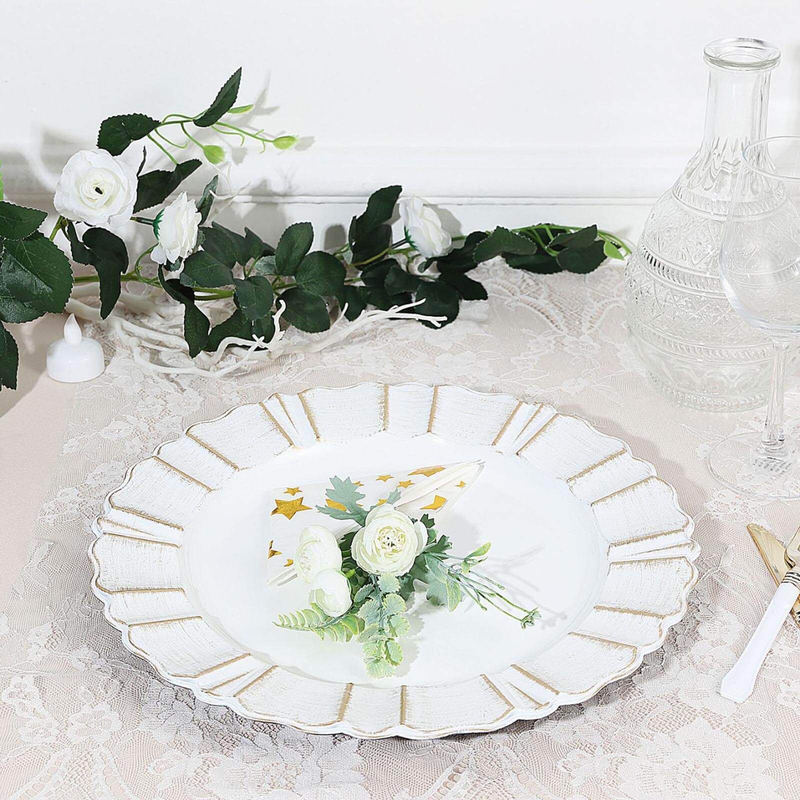 6-Pack Acrylic Plastic Charger Plates 13" Round White with Gold Brushed Wavy Scalloped Rim - Decorative Dinner Party Charger Tableware - Image 7