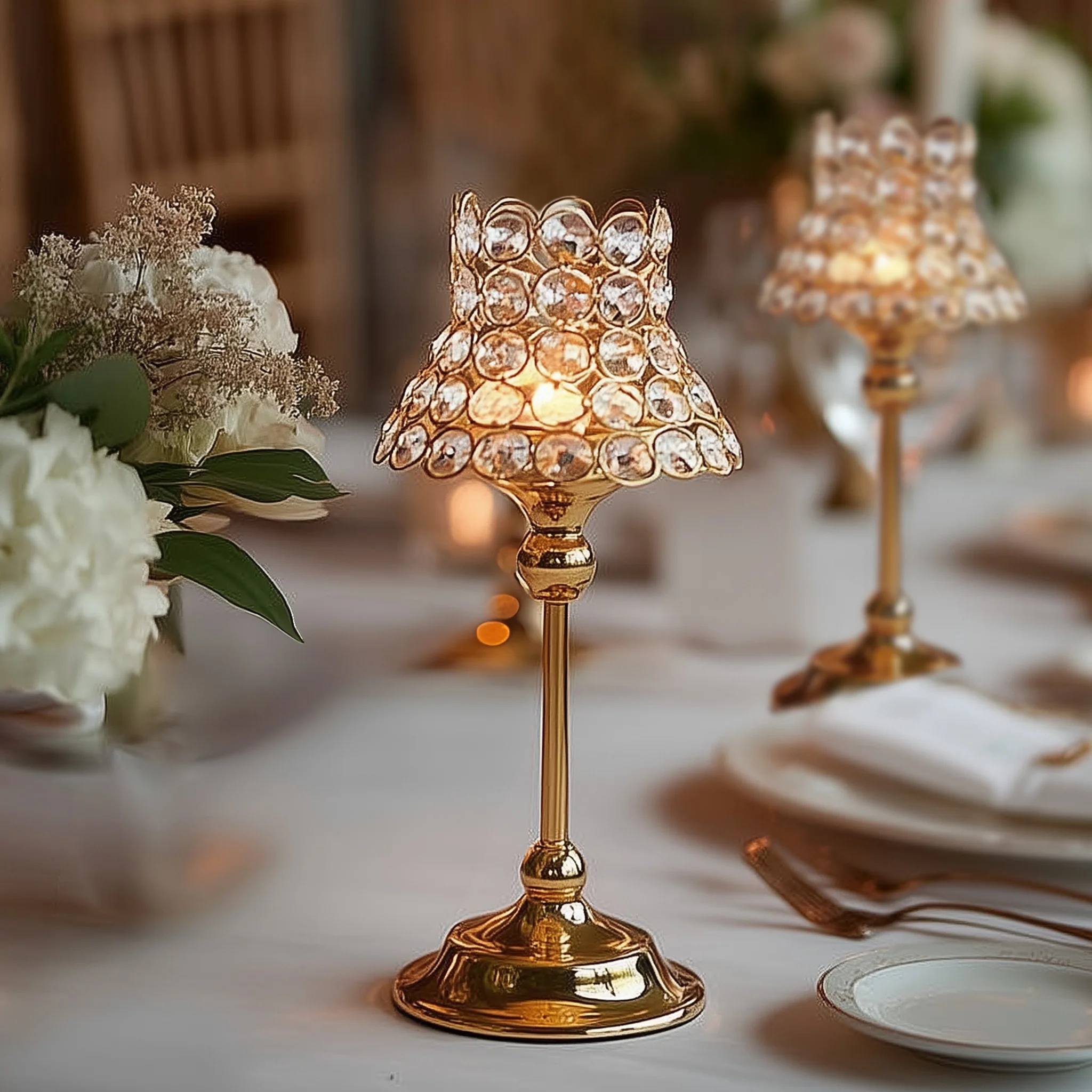 2 Pack Gold Centerpiece Candle Holders with Crystal Beaded Lamp-Style Shades – 12" Tall for Weddings & Events - Image 7
