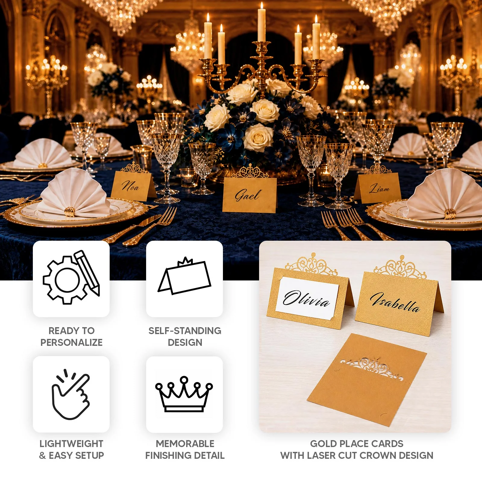 50-Pack Gold Place Cards for Seating with Laser Cut Crown Design – Printable Reservation Self Standing Cards - 2"x4" - Image 3