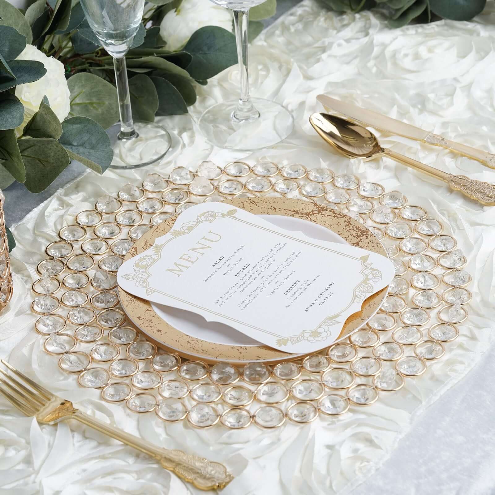 Wired Metal Charger Plate 14" Round Gold with Acrylic Crystal Beads - Glamorous Decorative Dinner Charger Tableware - Image 2