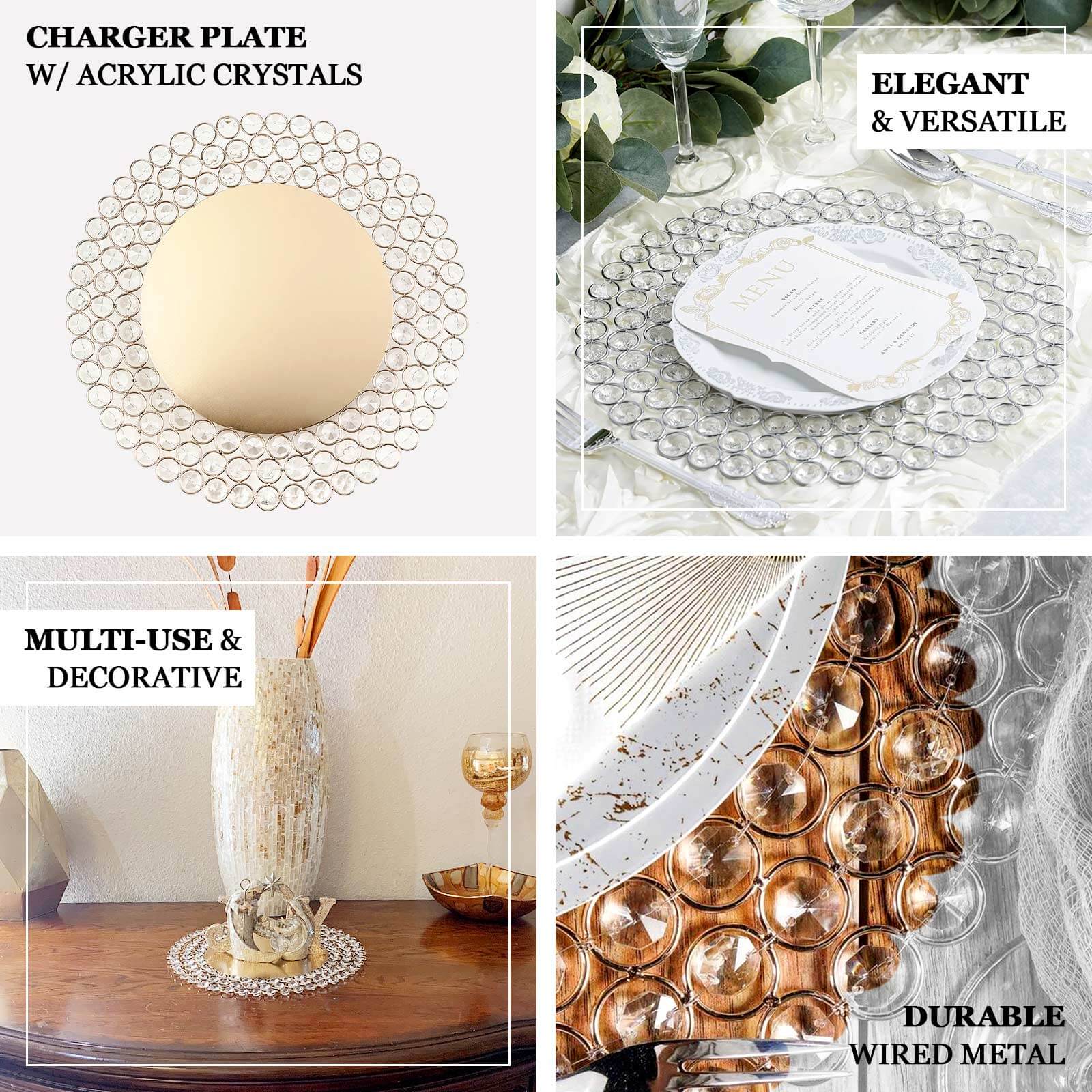 Wired Metal Charger Plate 14" Round Gold with Acrylic Crystal Beads - Glamorous Decorative Dinner Charger Tableware - Image 4