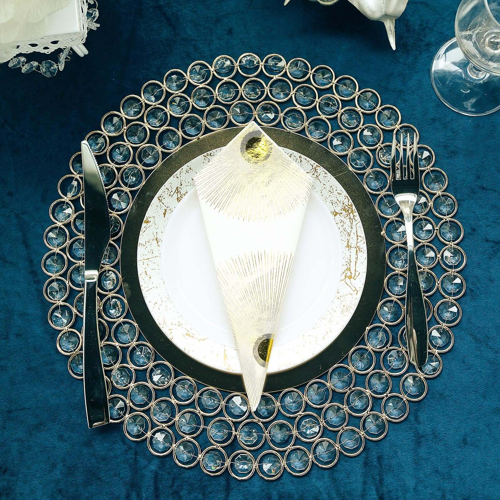 Wired Metal Charger Plate 14" Round Gold with Acrylic Crystal Beads - Glamorous Decorative Dinner Charger Tableware - Image 7
