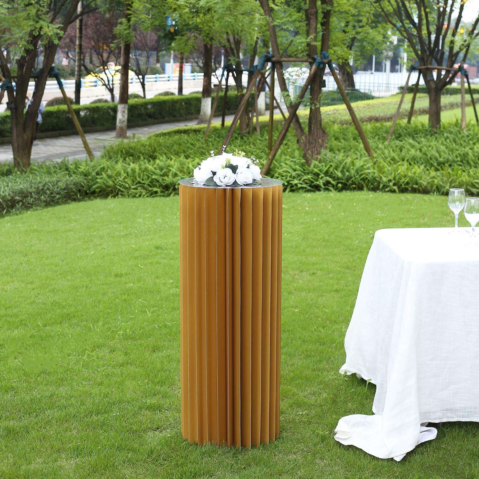 Gold Cylinder Pillar Pedestal Stand, Display Column Stand With Top Plate 40"