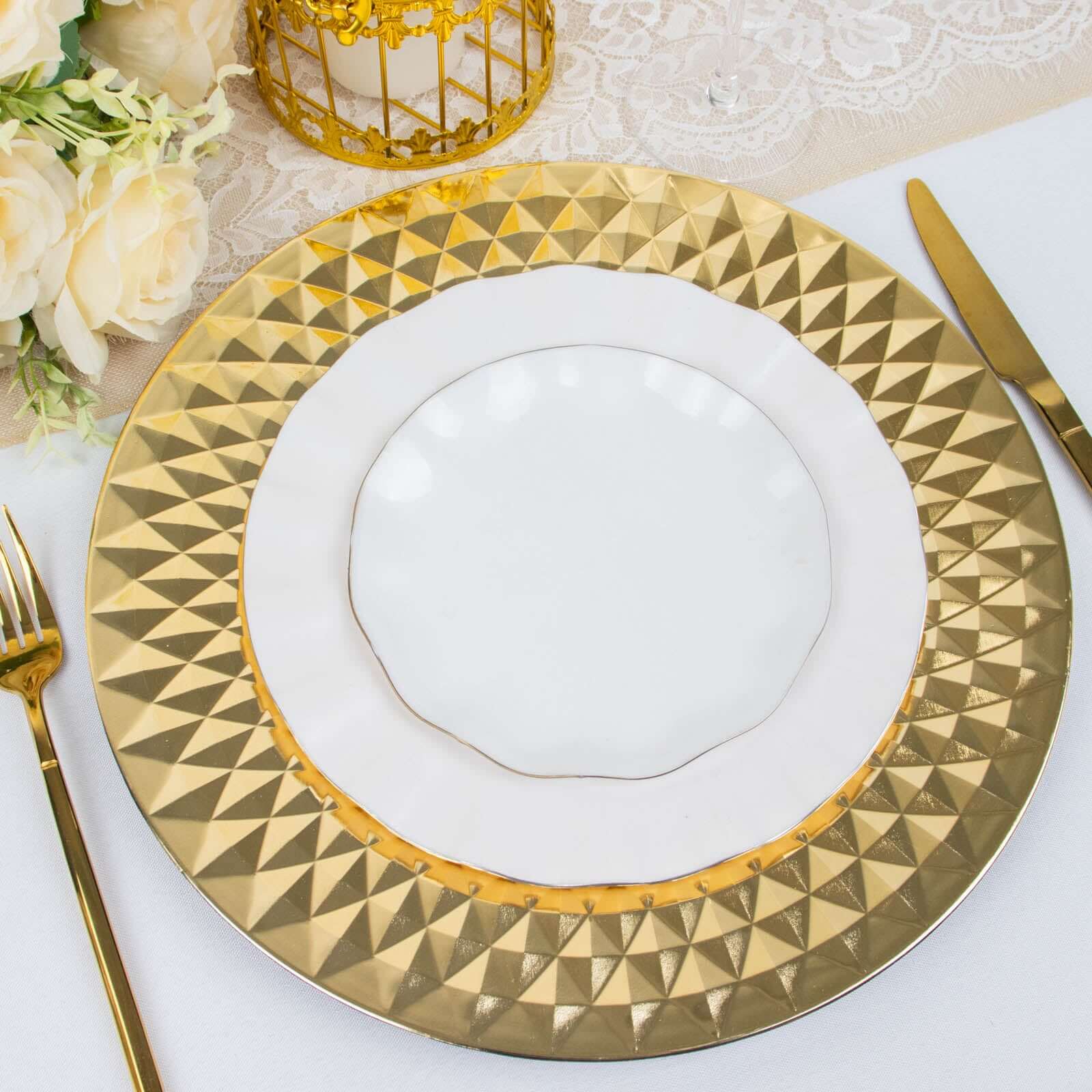 6-Pack Plastic Charger Plates 13" Round Gold Diamond Pattern - Sparkling Disposable Dinner Charger Tableware - Image 2