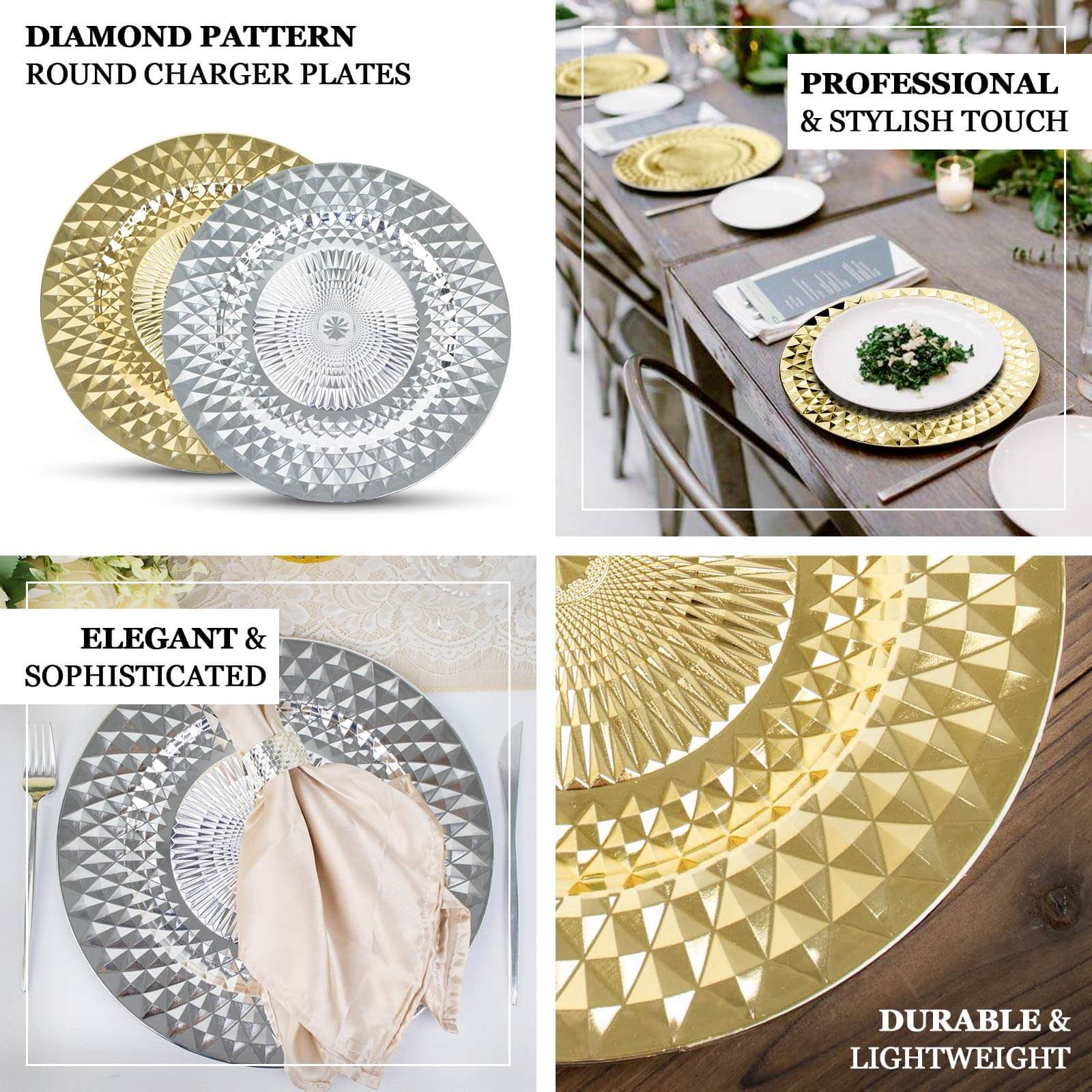 6-Pack Plastic Charger Plates 13" Round Gold Diamond Pattern - Sparkling Disposable Dinner Charger Tableware - Image 4