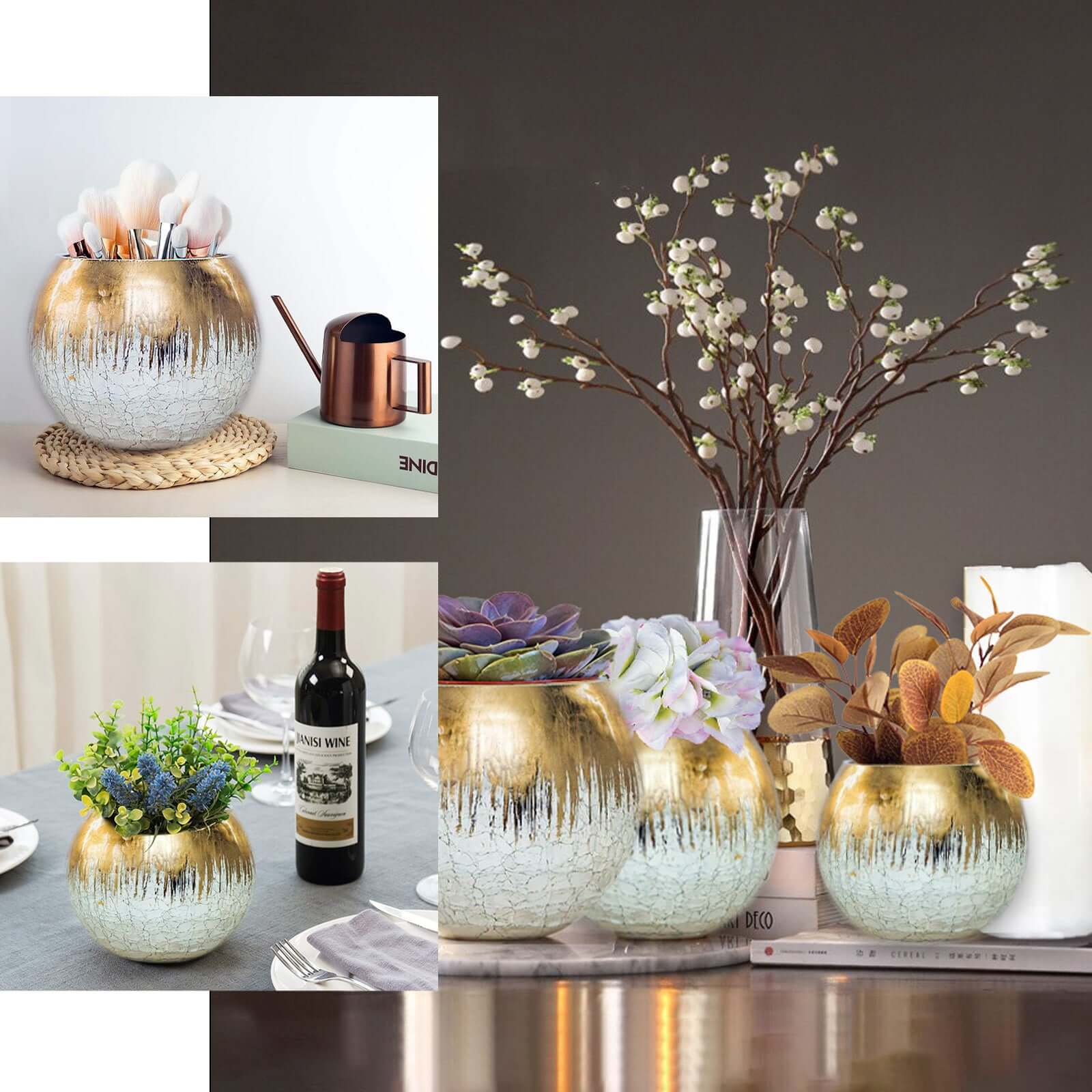 Gold Foiled Glass Bud Vase Crackle Bubble Bowl 4" - Round Table Centerpiece for Floral Arrangements - Image 5