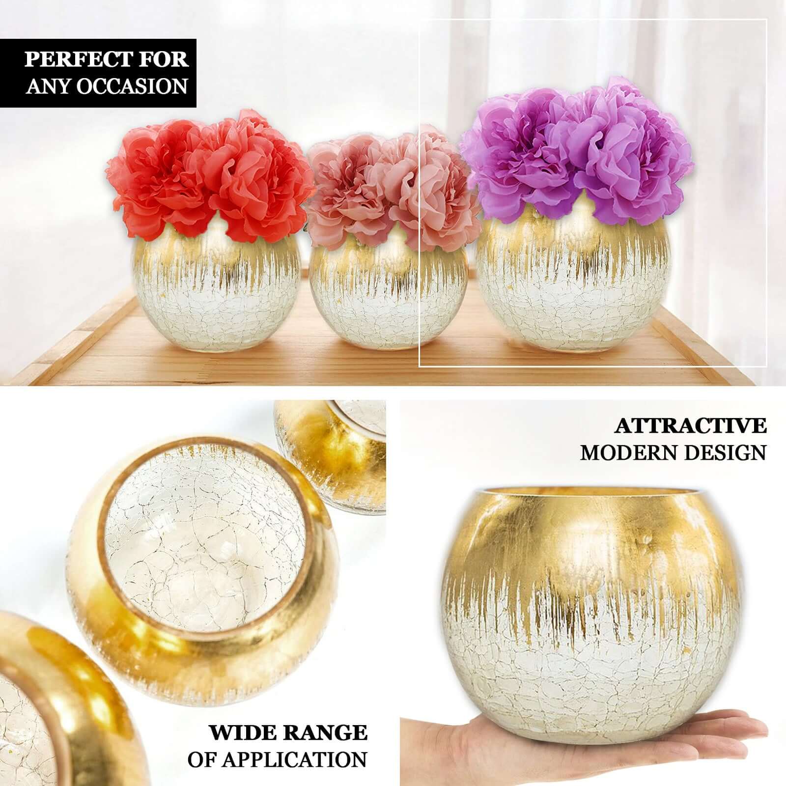Gold Foiled Glass Flower Vase Crackle Bubble Design 6" - Sophisticated Floral Wedding Centerpiece - Image 4