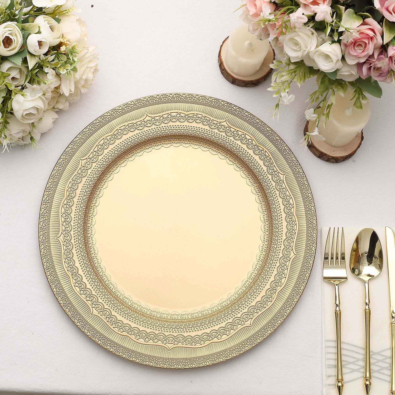 6-Pack Acrylic Charger Plates 13" Round Gold Lace Embossed Rim - Rustic Plastic Charger Tableware - Image 10