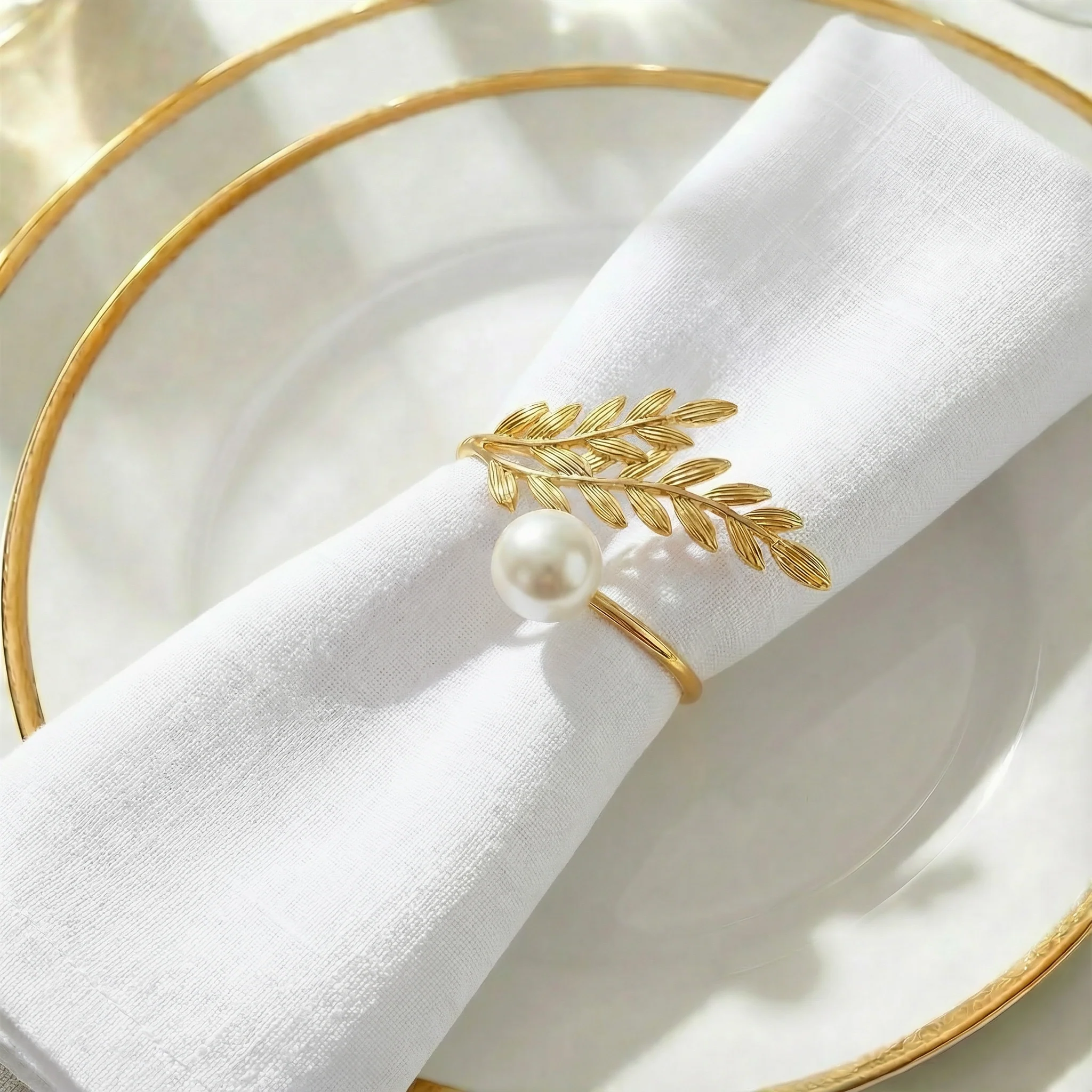 10 Pack Gold Leaf Napkin Rings with White Pearl Accent – Metal Wheat Leaf Napkin Holders for Wedding Table Décor - 1.5" - Image 6