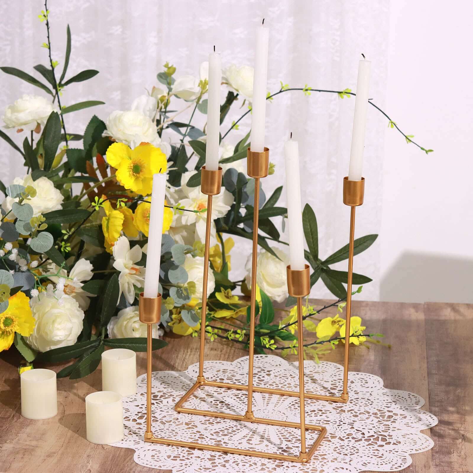 Gold Metal 5-Arm Taper Candle Holder 12", Geometric Candelabra Design - Perfect for Weddings and Party Tables - Image 11