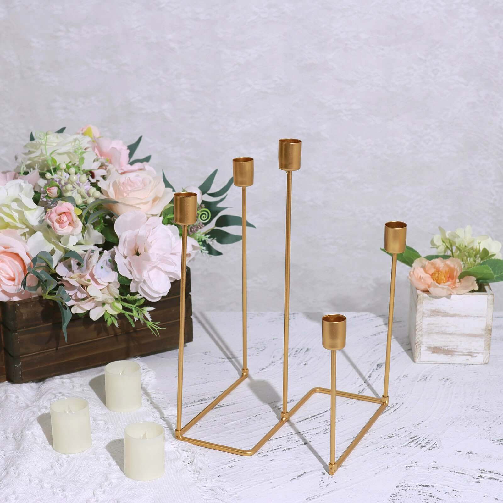 Gold Metal 5-Arm Taper Candle Holder 12", Geometric Candelabra Design - Perfect for Weddings and Party Tables - Image 15