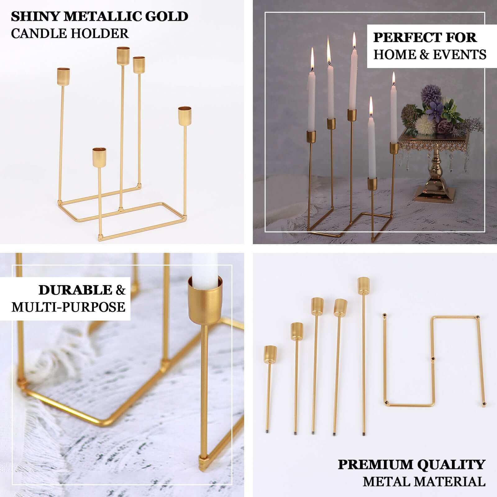 Gold Metal 5-Arm Taper Candle Holder 12", Geometric Candelabra Design - Perfect for Weddings and Party Tables - Image 4