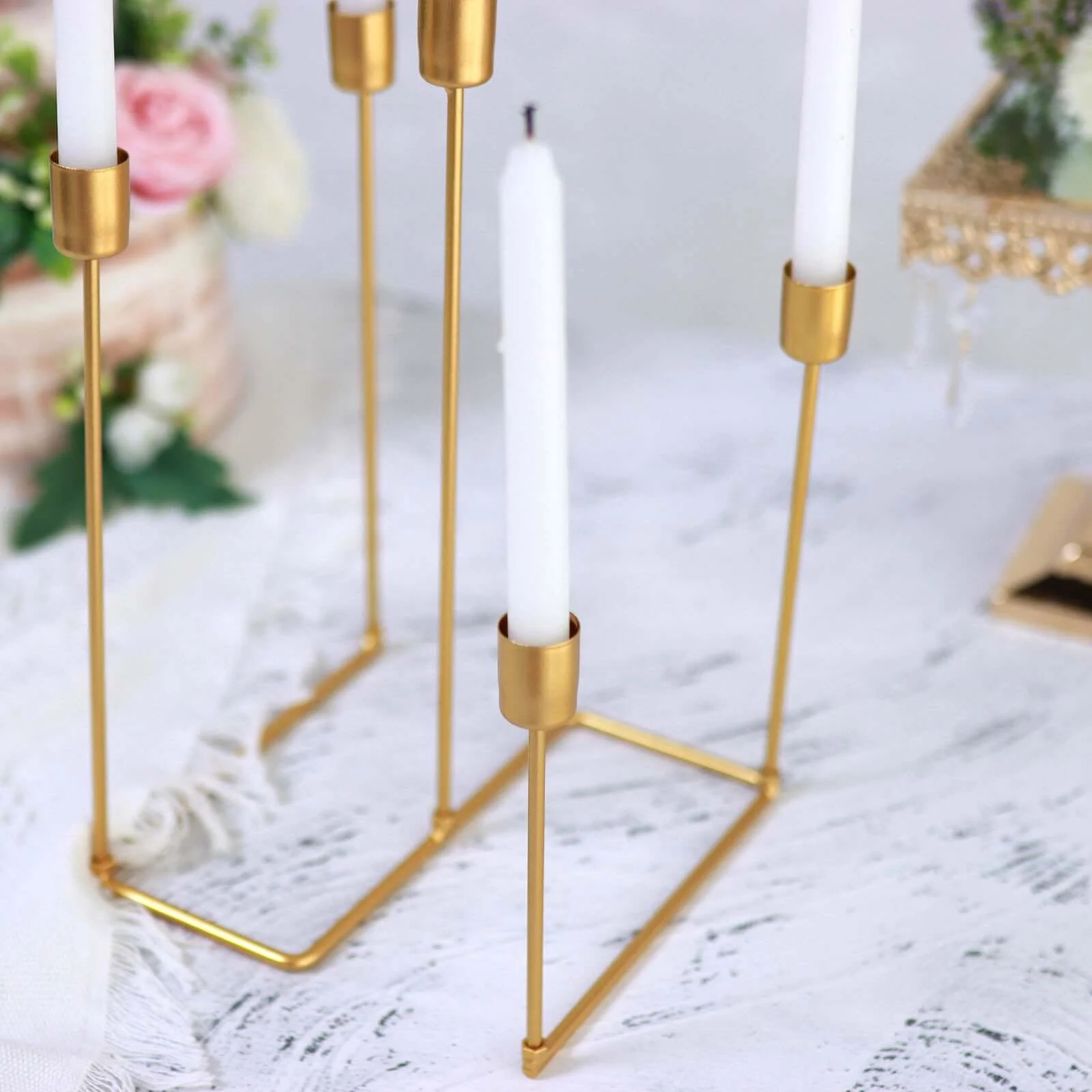 Gold Metal 5-Arm Taper Candle Holder 12", Geometric Candelabra Design - Perfect for Weddings and Party Tables - Image 9