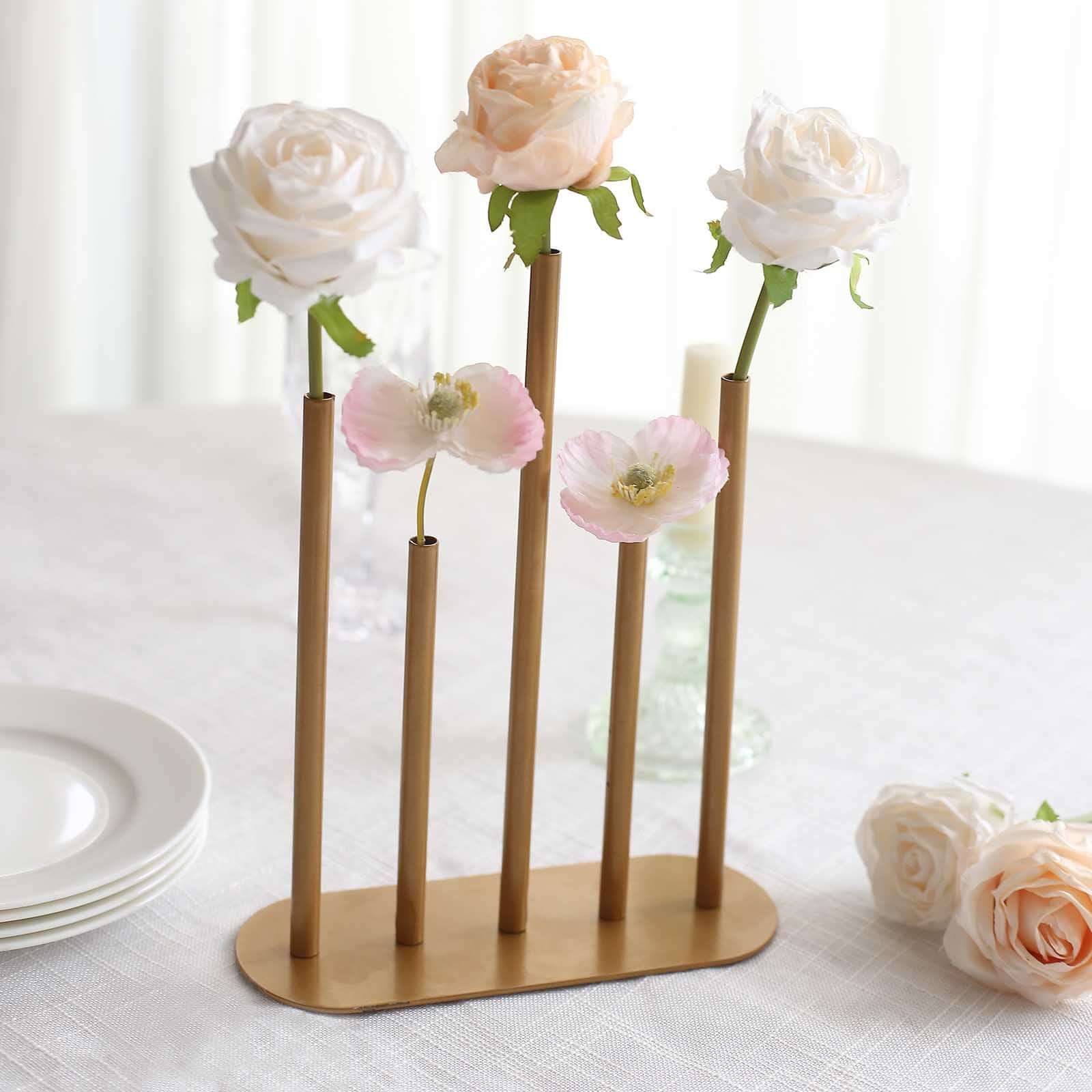 Gold Metal Bud Vase Centerpiece 10" Minimalist Design with 5-Tubes - Single Stem Flower Vase