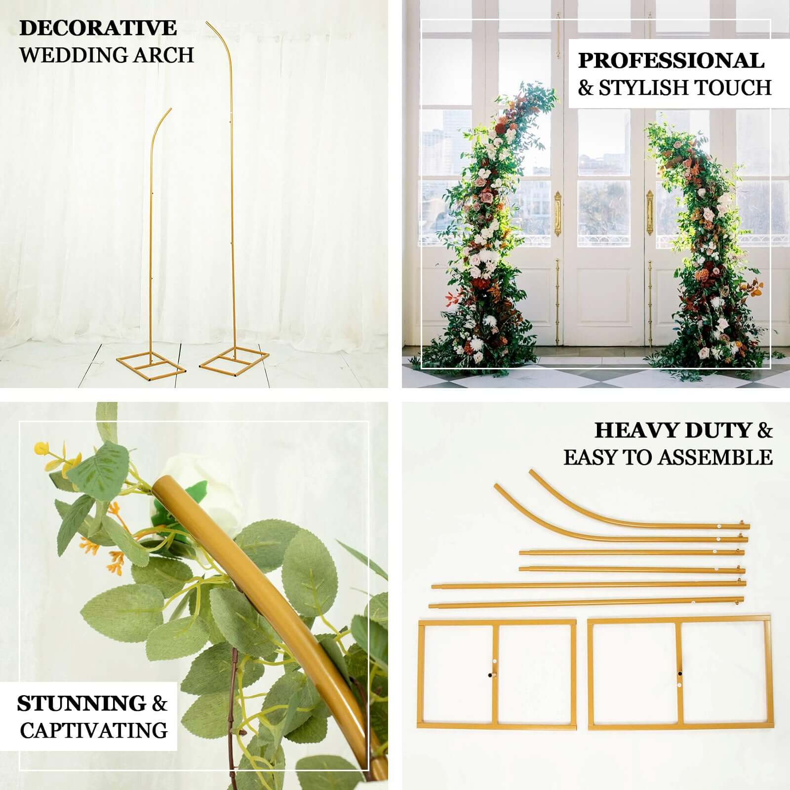 Set of 2 Gold Metal Curved Top Wedding Arch Frames, Balloon Flower Backdrop Stands 6ft, 8ft - Image 4