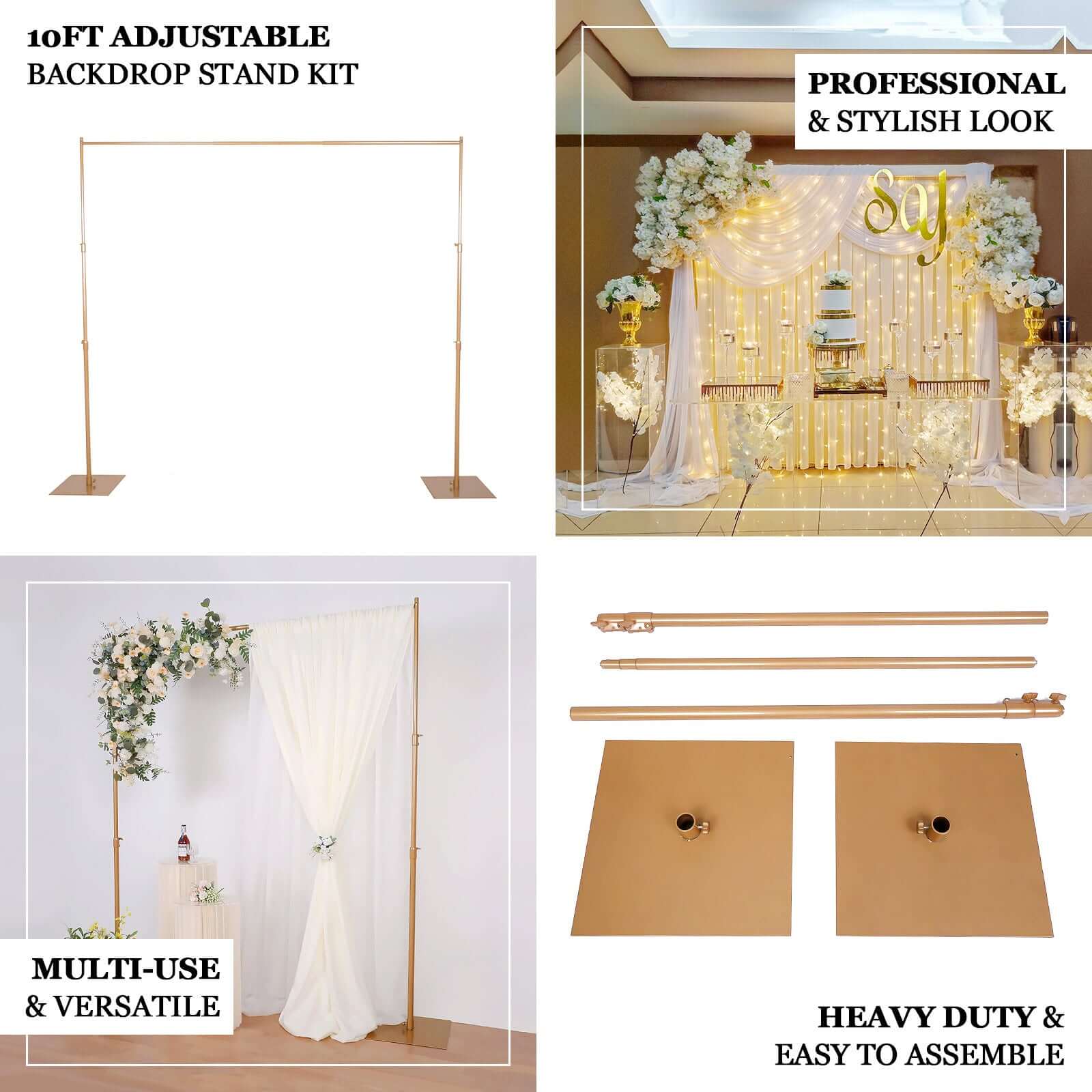 Gold Metal DIY Adjustable Heavy Duty Pipe and Drape Stand Set, Backdrop Kit With Steel Base 10ft - Image 4
