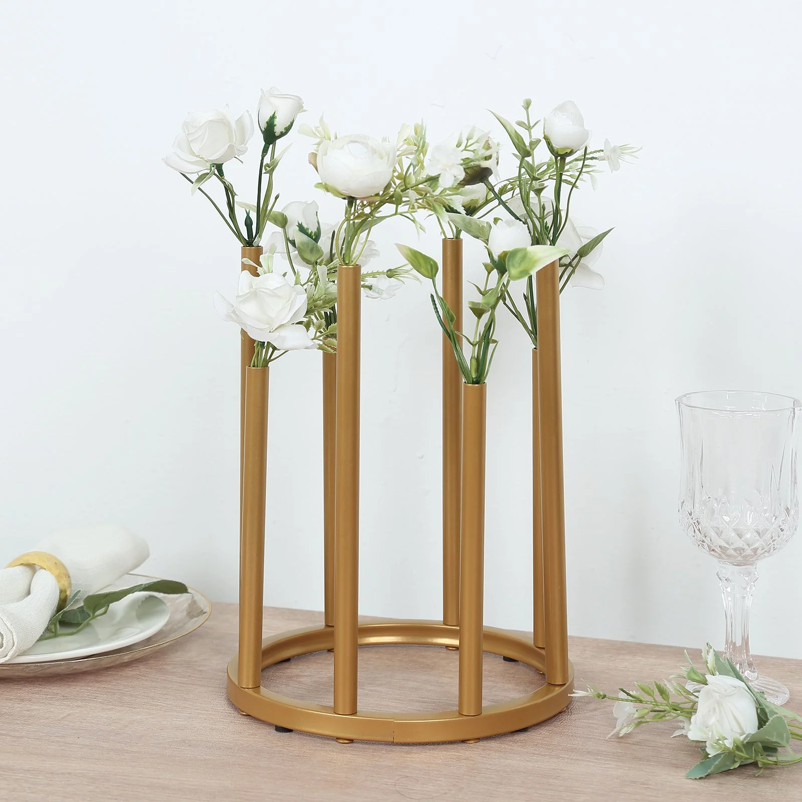 Gold Metal Flower Vase Centerpiece 10" 8-Tubes Minimalist Round Base Design - Single Stem Bud Vase for Floral Arrangements - Image 5