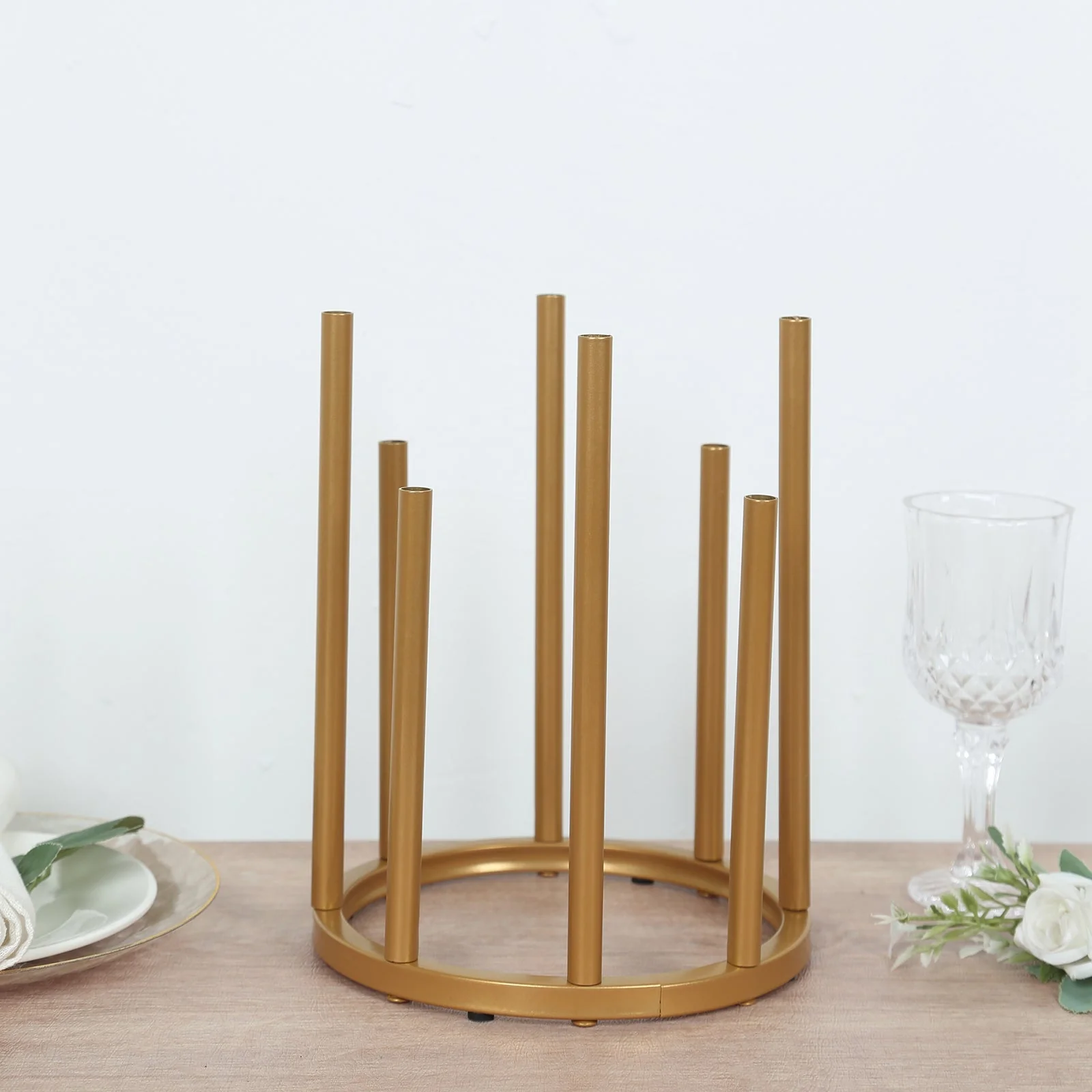 Gold Metal Flower Vase Centerpiece 10" 8-Tubes Minimalist Round Base Design - Single Stem Bud Vase for Floral Arrangements - Image 7