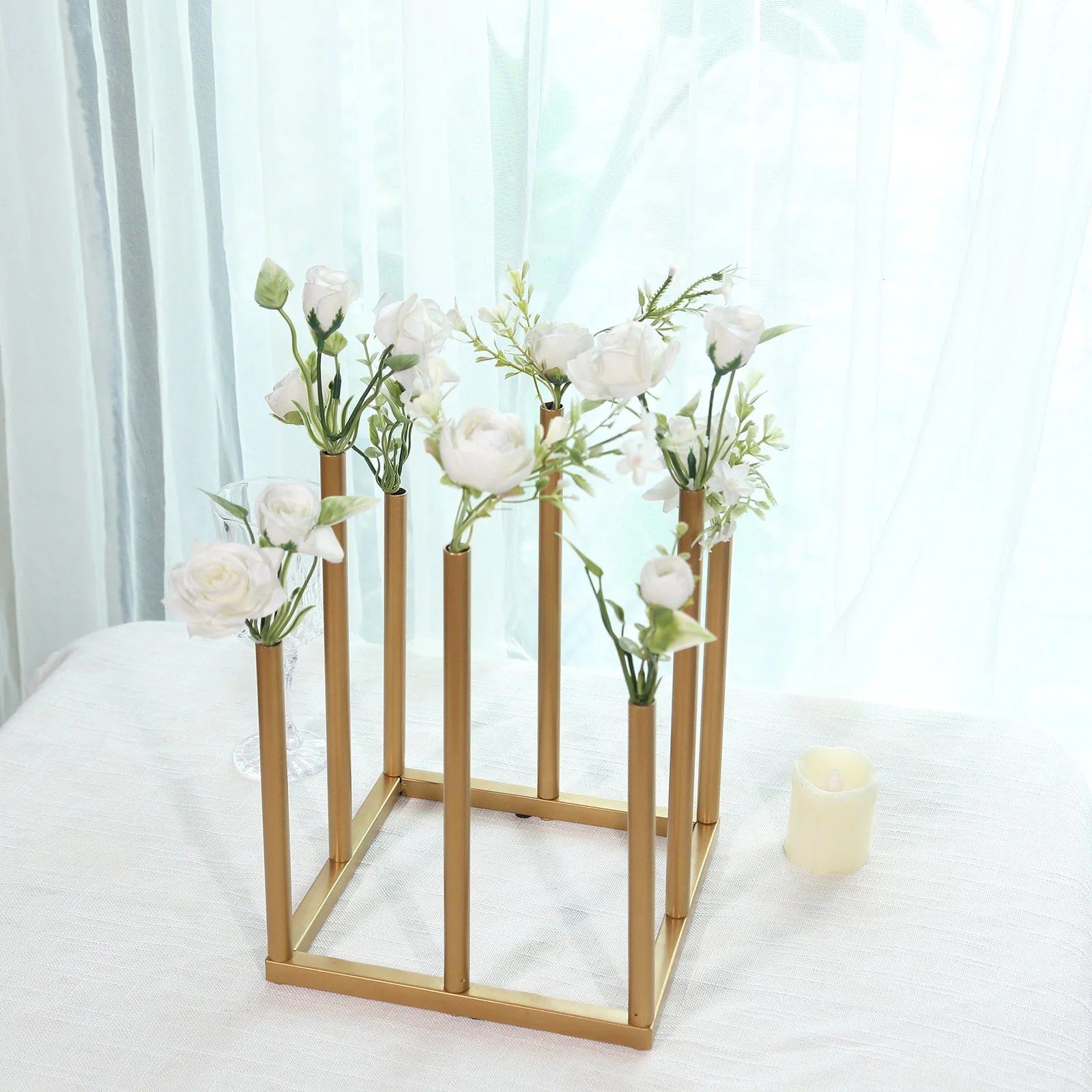 Gold Metal Flower Vase Centerpiece 10" 8-Tubes Minimalist Square Base Design - Single Stem Bud Vase for Floral Arrangements - Image 4