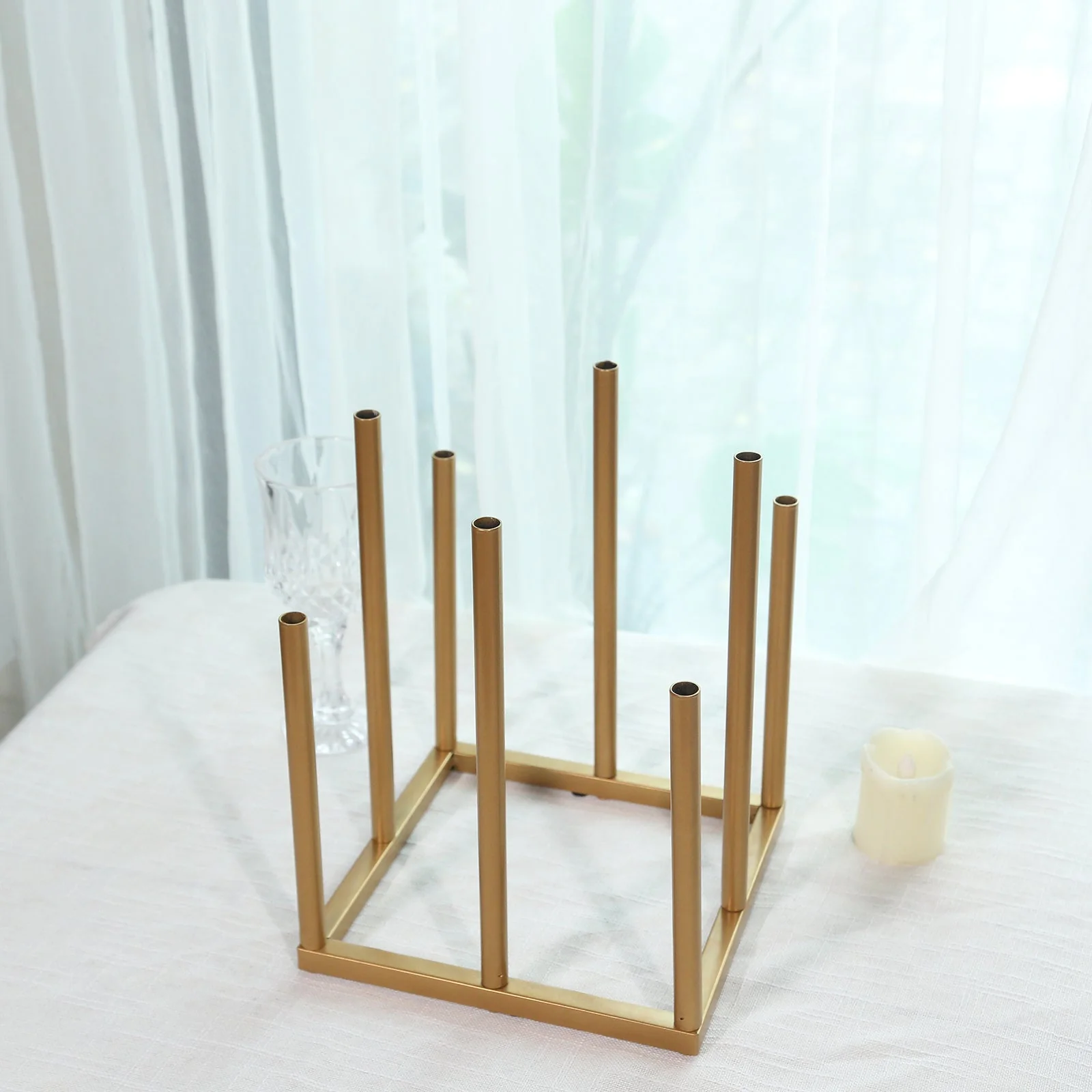 Gold Metal Flower Vase Centerpiece 10" 8-Tubes Minimalist Square Base Design - Single Stem Bud Vase for Floral Arrangements - Image 6