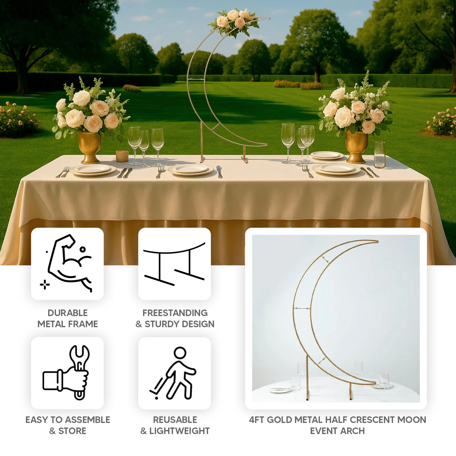 Gold Metal Half Crescent Moon Wedding Arch Flower Stand, Table Top Centerpiece Curved Arbor Balloon Frame - 4ft - Image 4