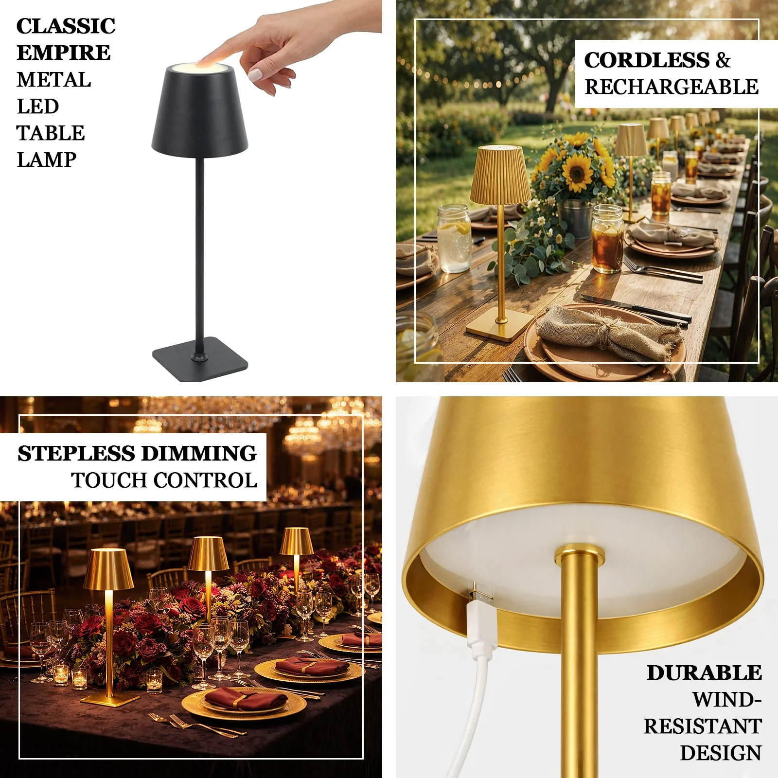 Heavy Duty Gold Metal LED Table Lamp with Classic Empire Lampshade – Commercial Grade Cordless Rechargeable Desk Lamp, 3 Color Modes, Stepless Dimming, Touch Control, 15" - Image 3