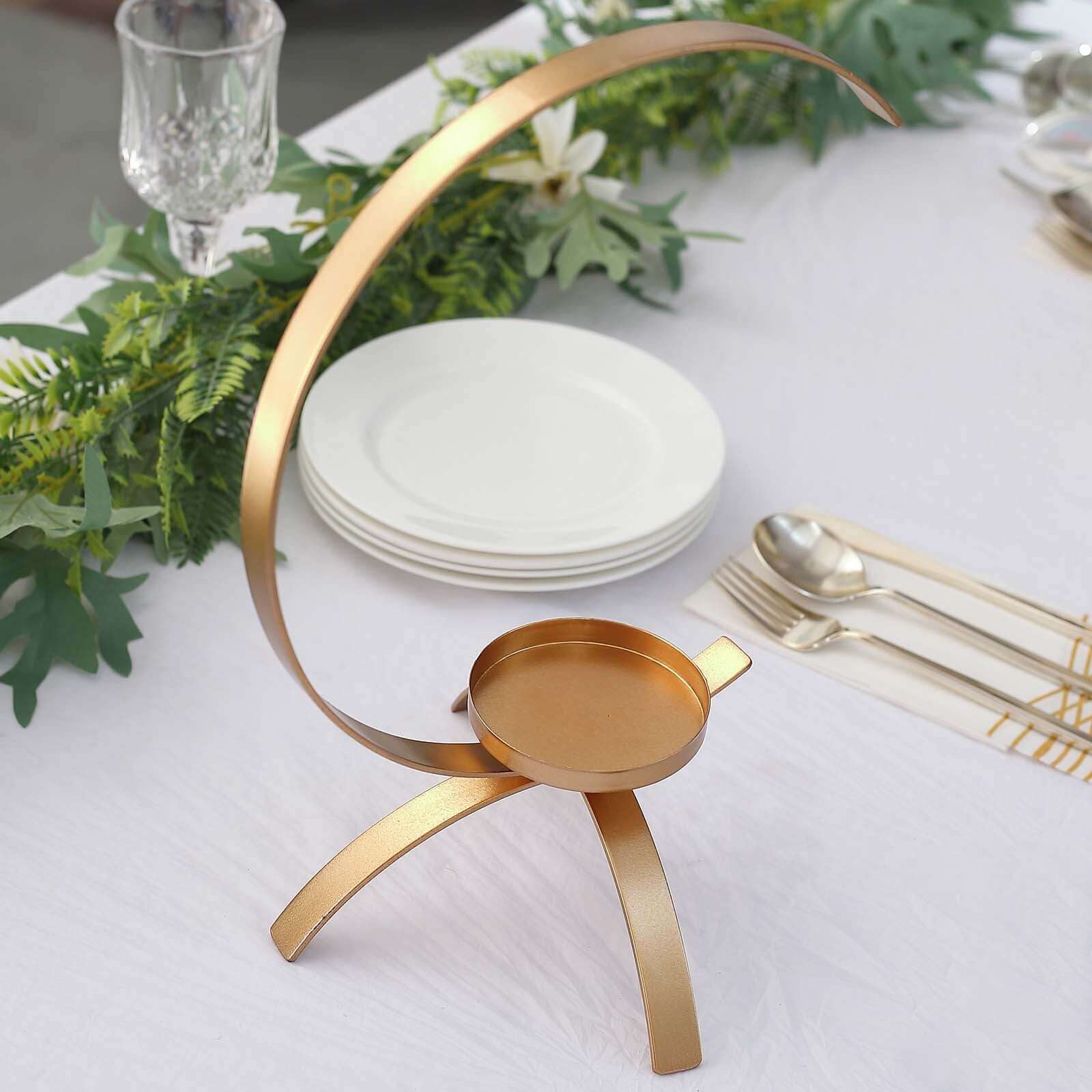 Gold Metal Moon Shaped Pillar Candle Holder 13", Tealight Hurricane Stand - Decorative Table Centerpiece - Image 11