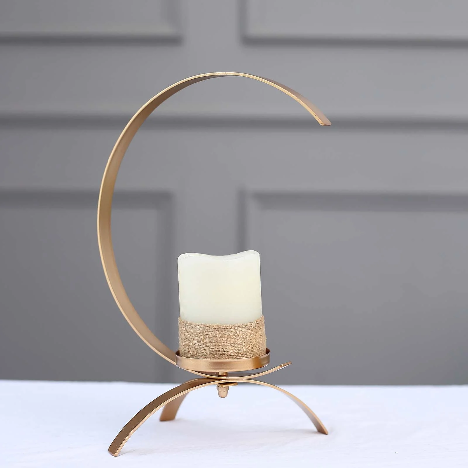 Gold Metal Moon Shaped Pillar Candle Holder 13", Tealight Hurricane Stand - Decorative Table Centerpiece - Image 2