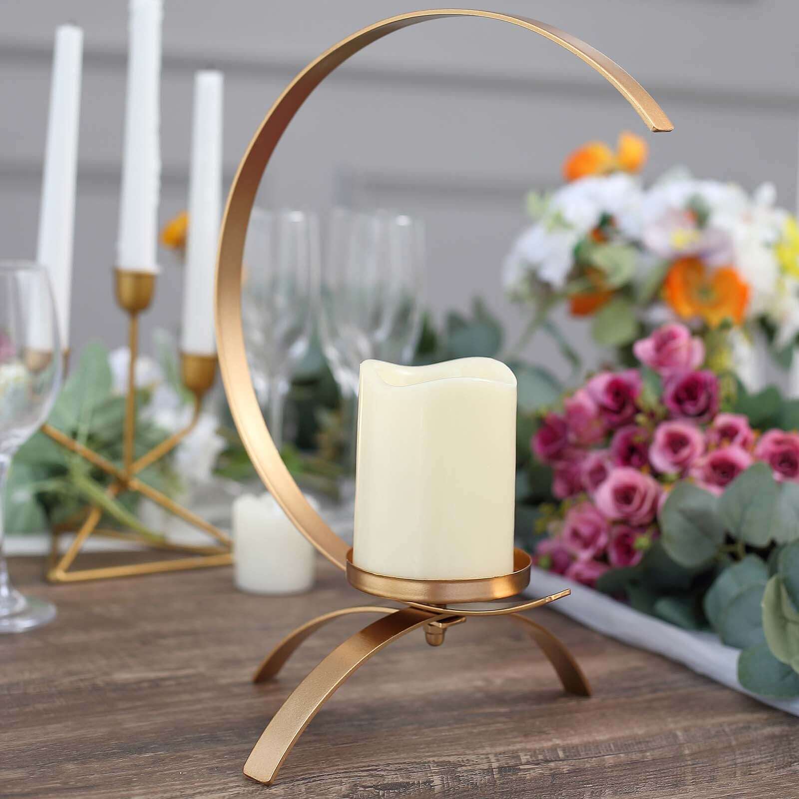Gold Metal Moon Shaped Pillar Candle Holder 13", Tealight Hurricane Stand - Decorative Table Centerpiece - Image 4