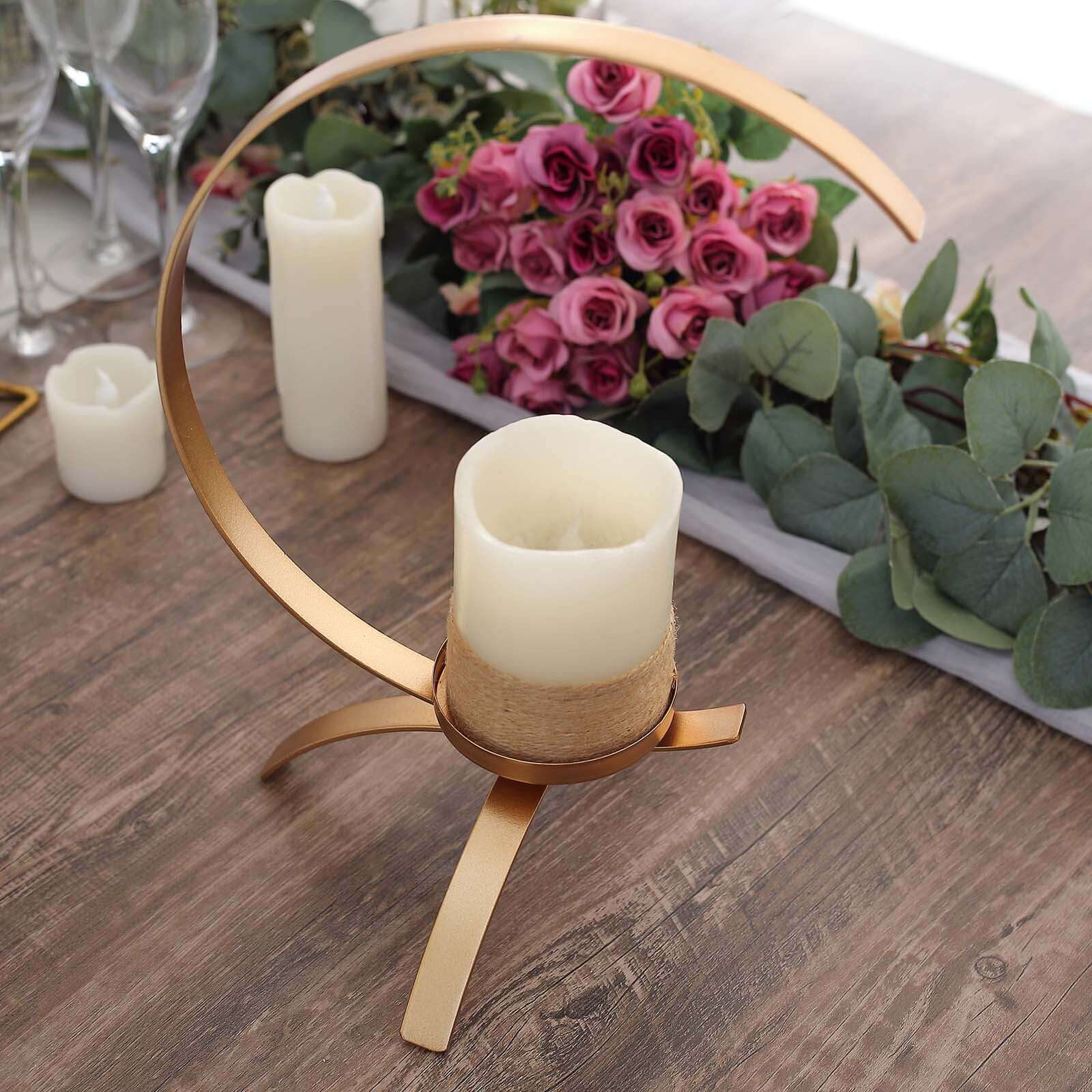 Gold Metal Moon Shaped Pillar Candle Holder 13", Tealight Hurricane Stand - Decorative Table Centerpiece - Image 5