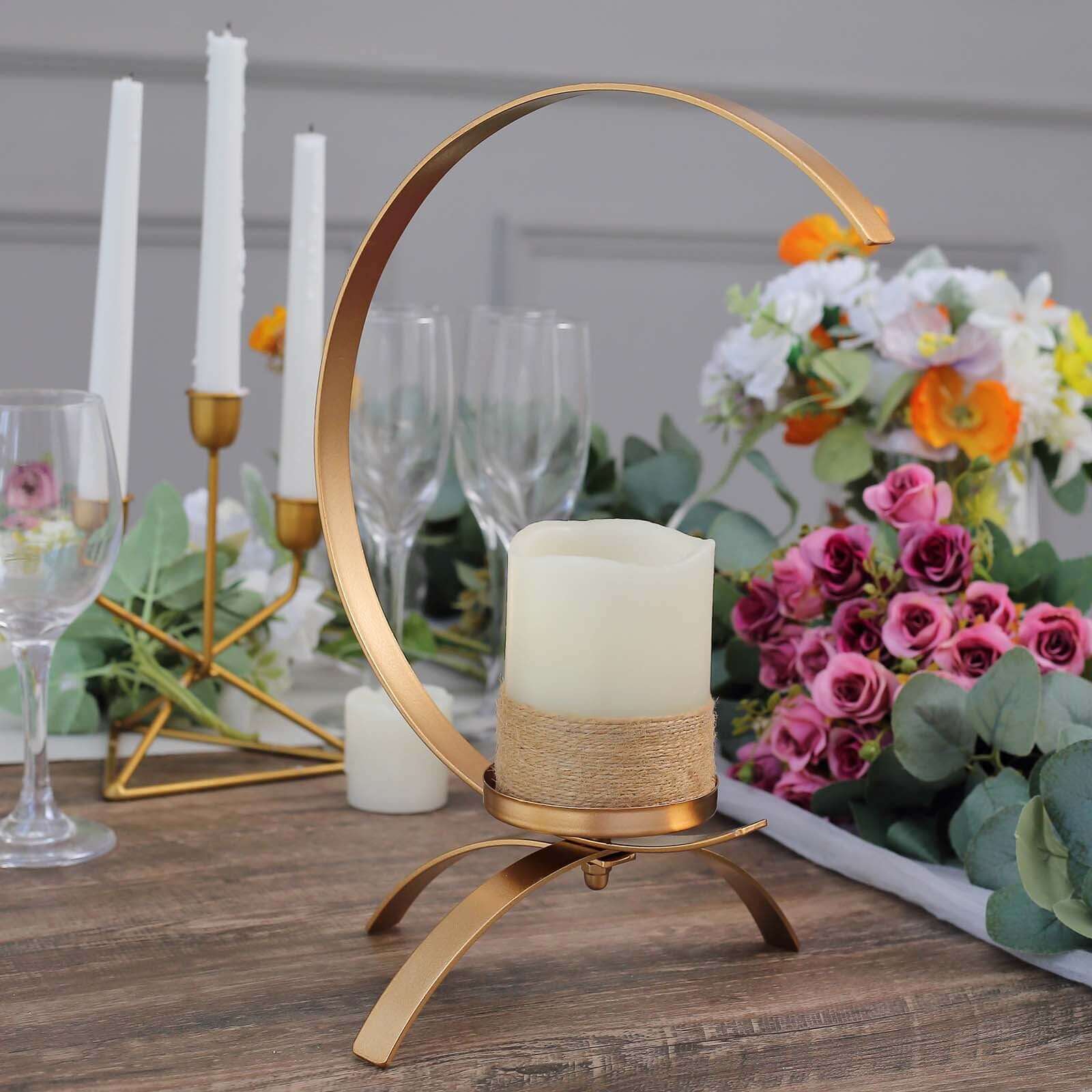 Gold Metal Moon Shaped Pillar Candle Holder 13", Tealight Hurricane Stand - Decorative Table Centerpiece - Image 6