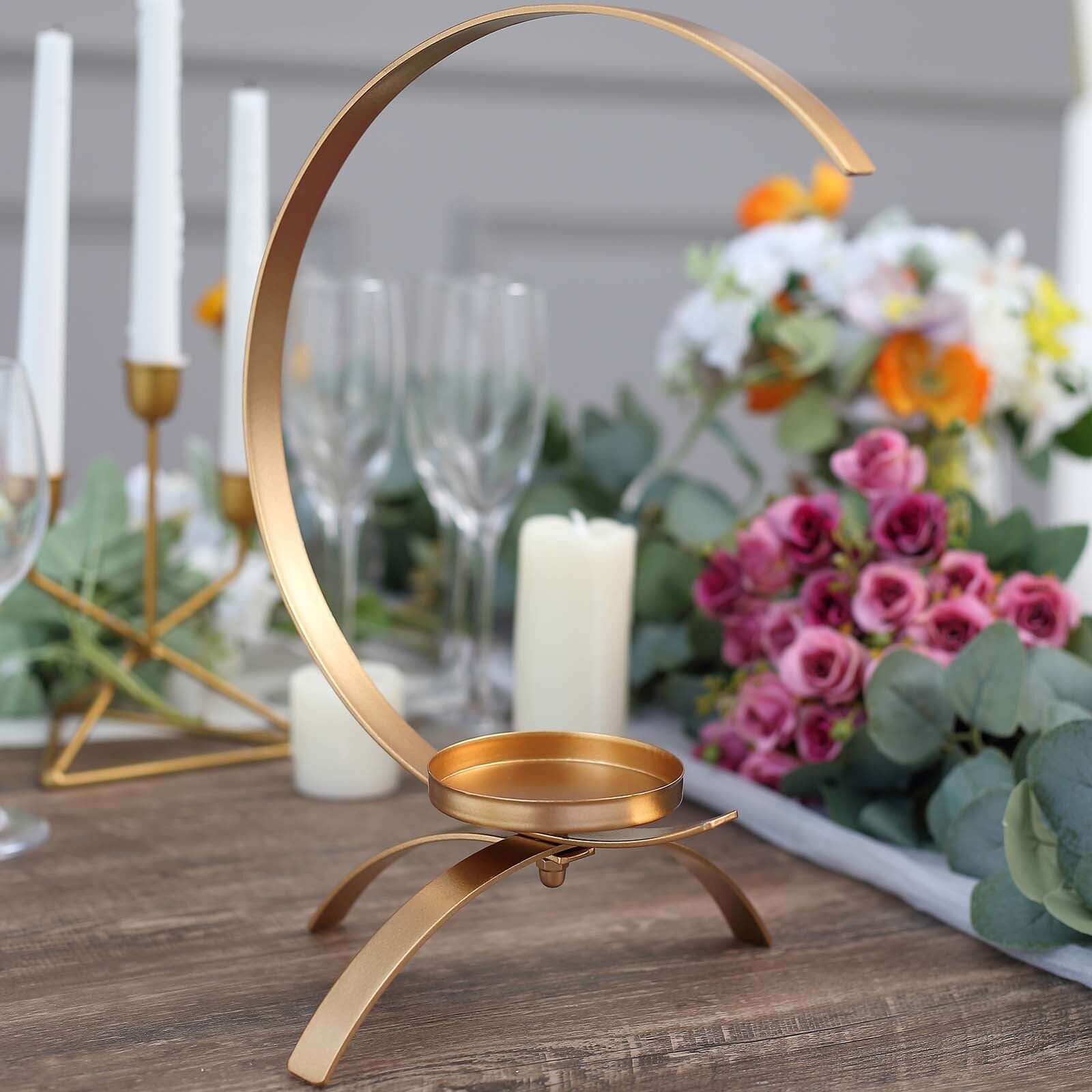 Gold Metal Moon Shaped Pillar Candle Holder 13", Tealight Hurricane Stand - Decorative Table Centerpiece - Image 8
