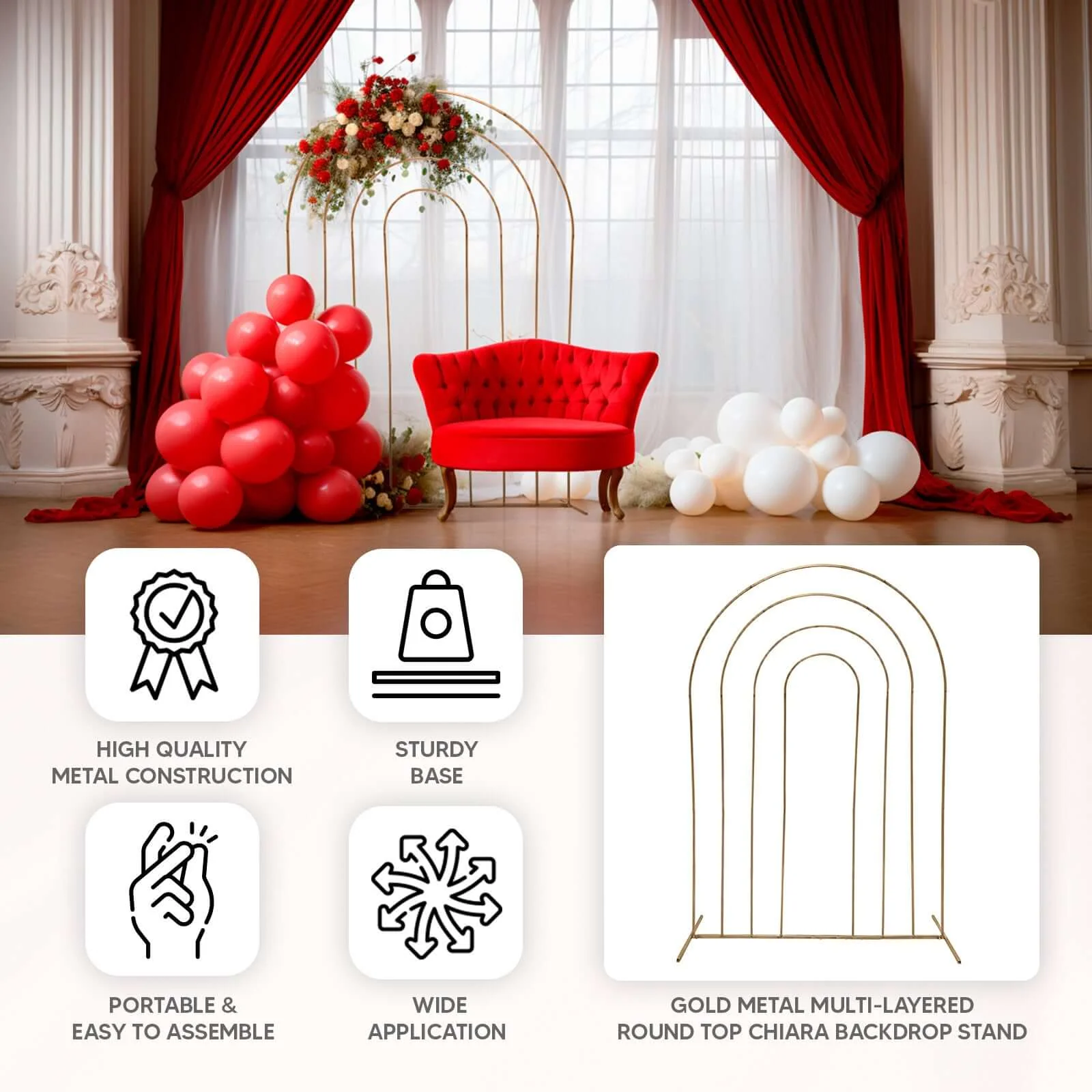 Gold Metal Multi-Layered Round Top Chiara Backdrop Stand, Rainbow Floral Frame Wedding Arch - 8ft - Image 4