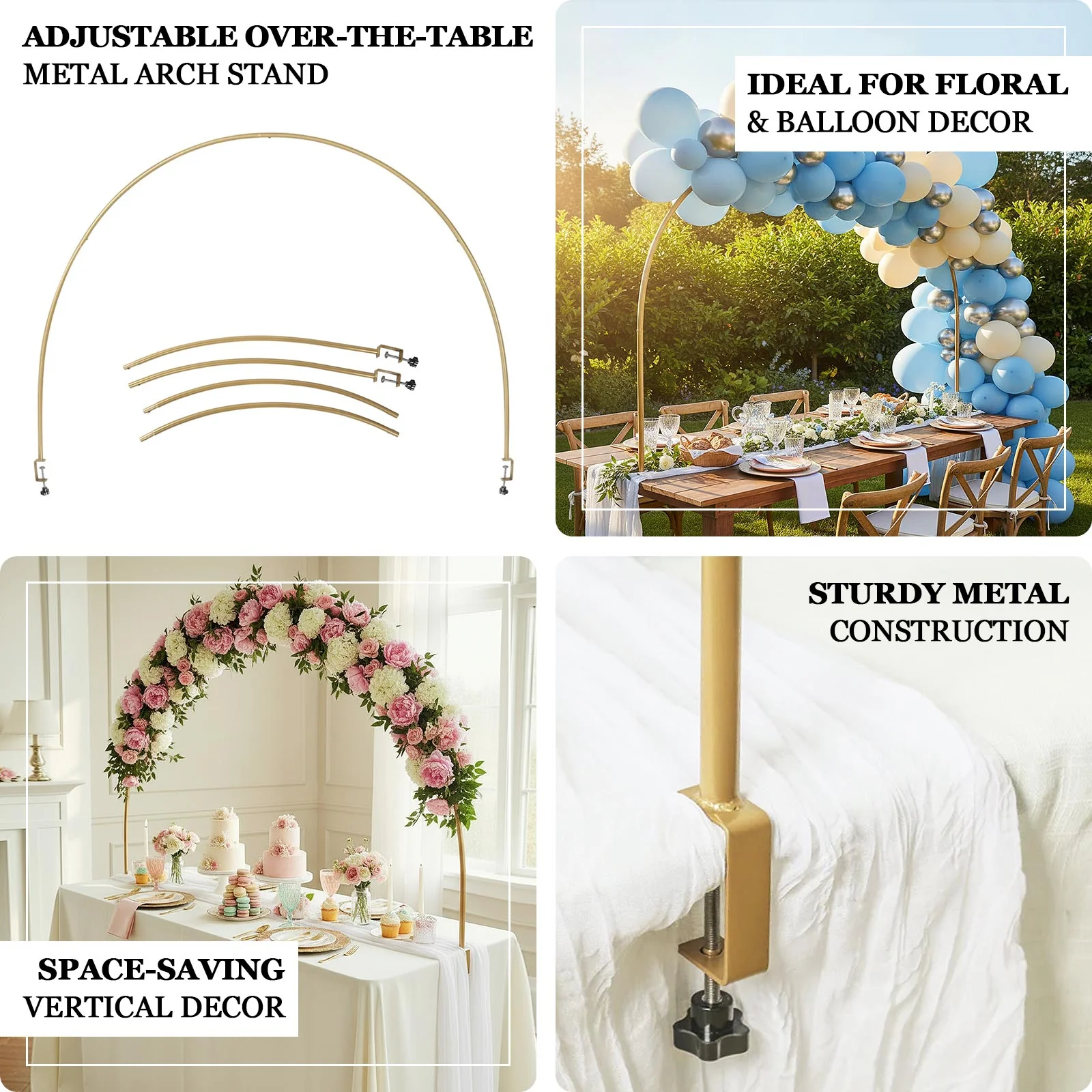 Gold Metal Over-The-Table Rod Stand with Clamps, Round Top Balloon Arch Flower Stand for Wedding and Party Decorations - 4ftx6ft - Image 3