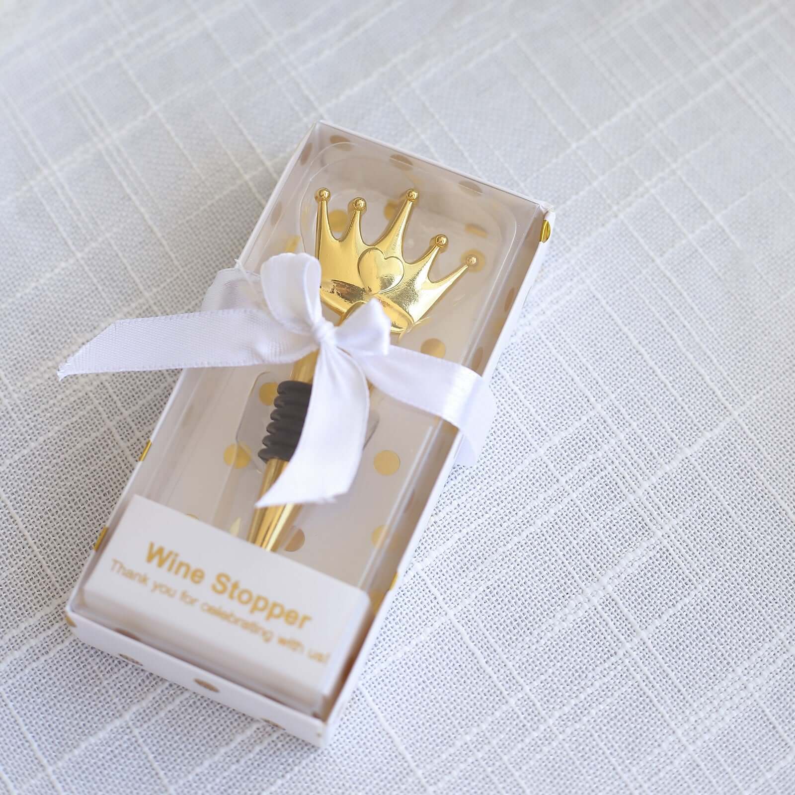 Gold Metal Princess Crown Wine Bottle Stopper Wedding Favor with Clear Gift Box, Thank You Tag and Ribbon - 4" - Image 2