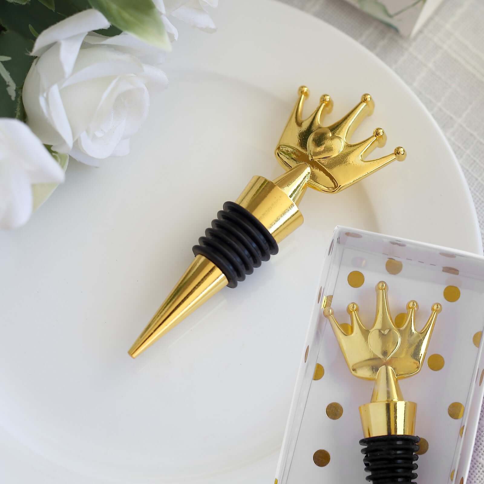 Gold Metal Princess Crown Wine Bottle Stopper Wedding Favor with Clear Gift Box, Thank You Tag and Ribbon - 4" - Image 4