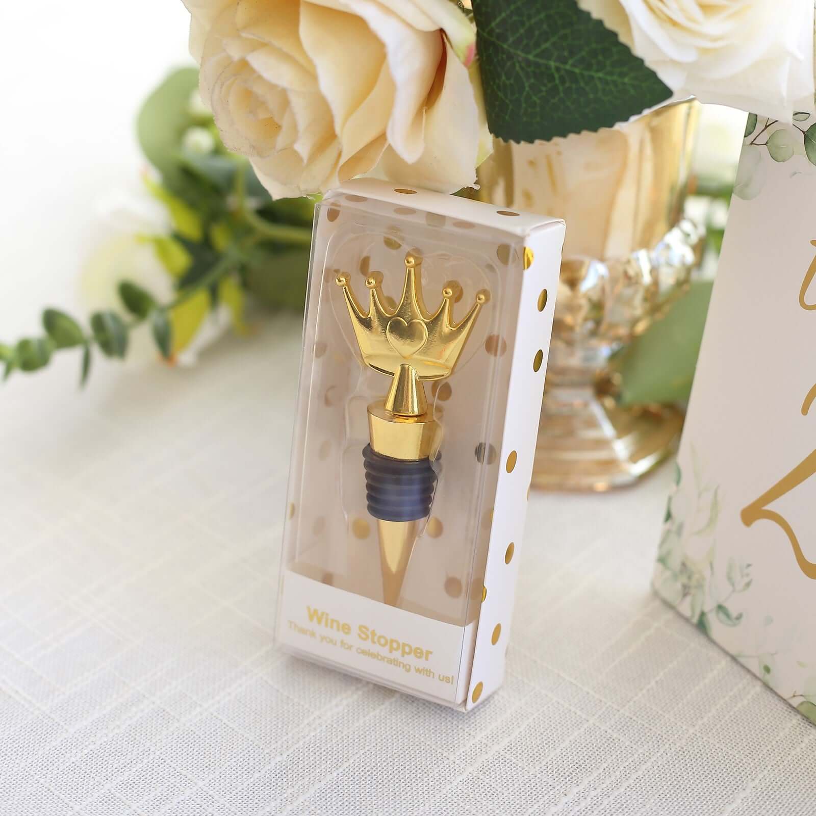 Gold Metal Princess Crown Wine Bottle Stopper Wedding Favor with Clear Gift Box, Thank You Tag and Ribbon - 4" - Image 5