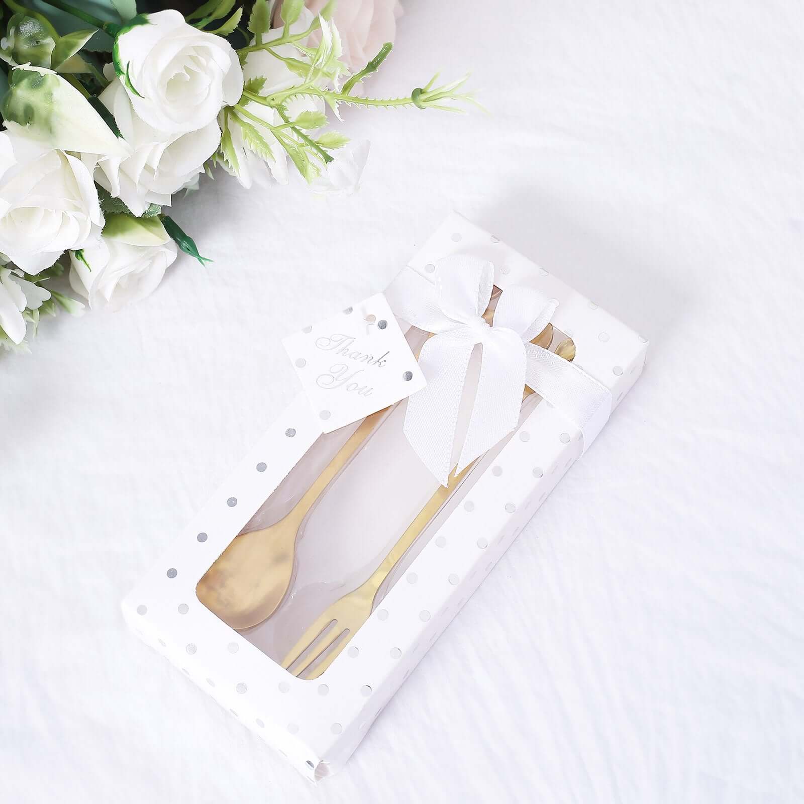 Gold Metal Spoon & Fork Pre-Packed Wedding Party Favors Set With Leaf Shaped Handle, Bridal Shower Souvenir Gift Box 5" - Image 9