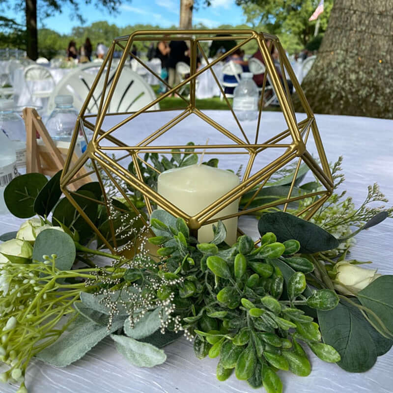 Gold Metal Tealight Candle Holder 7" Pentagon Prism Open Frame - Geometric Flower Stand - Image 2