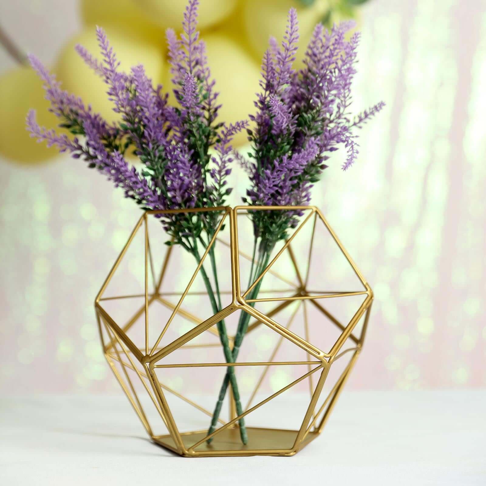 Gold Metal Tealight Candle Holder 7" Pentagon Prism Open Frame - Geometric Flower Stand - Image 6