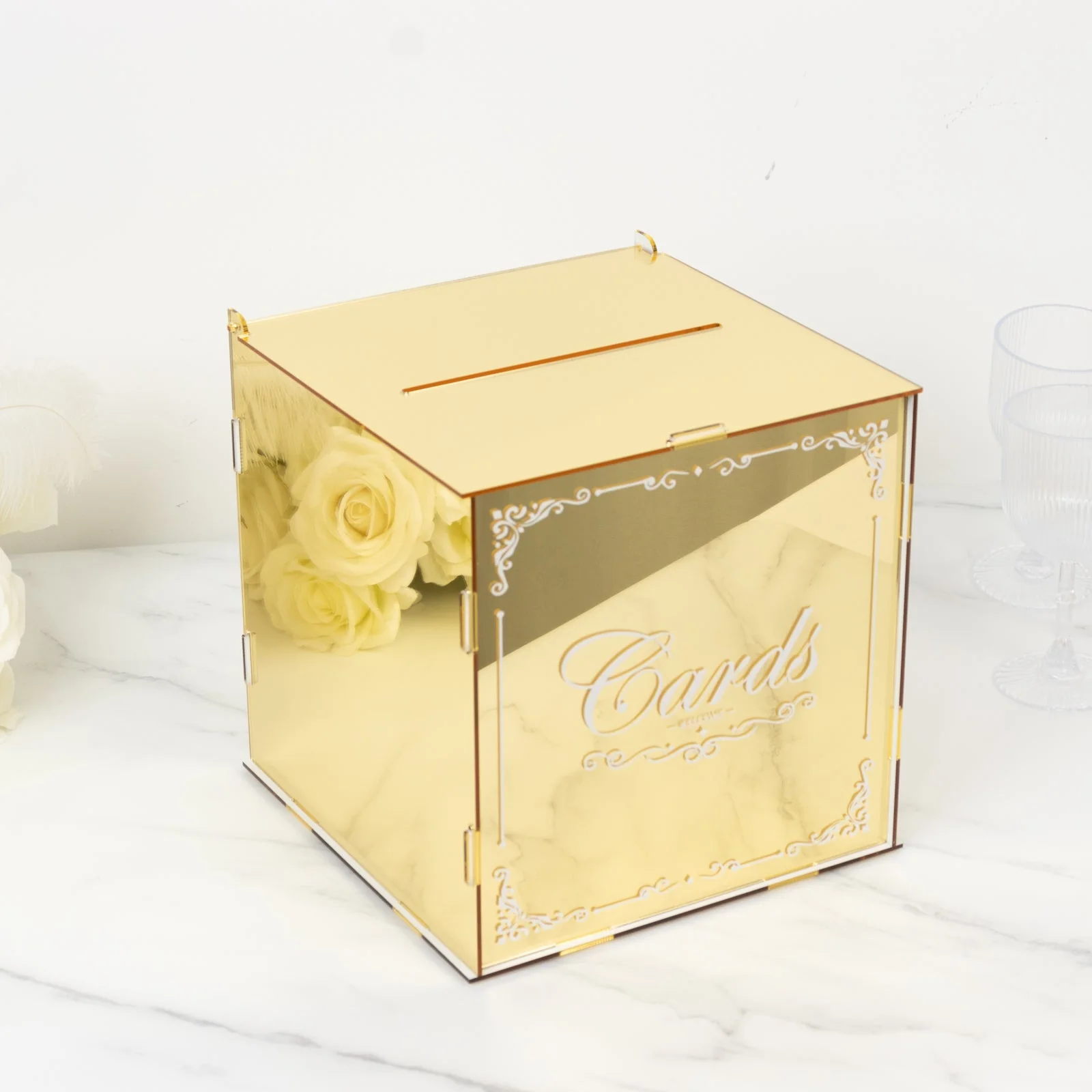 Gold Mirror Acrylic Wedding Card Box with Slot - Wishing Well Money Box for Weddings, Birthdays, and Parties - 10" - Image 5