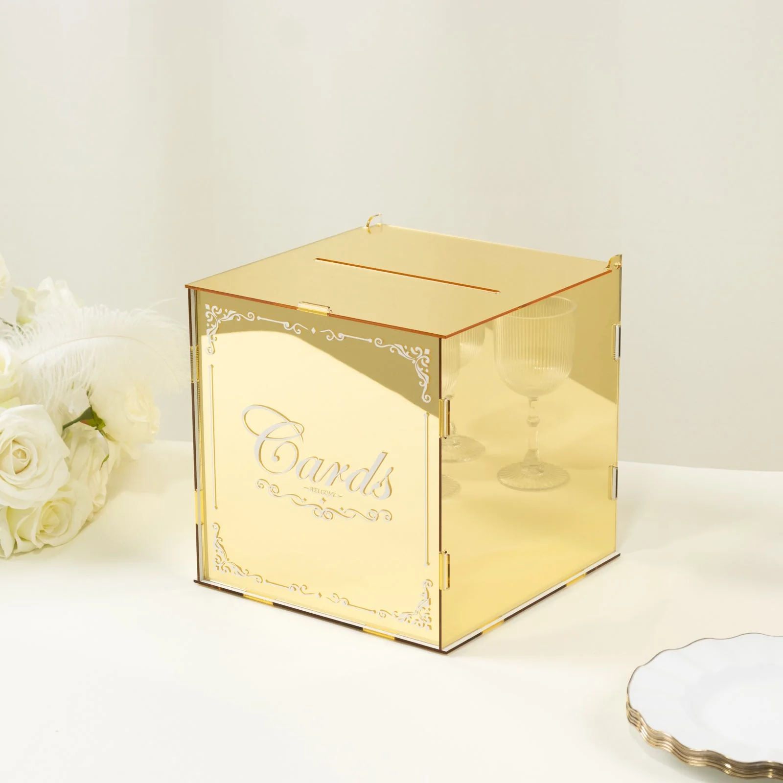 Gold Mirror Acrylic Wedding Card Box with Slot - Wishing Well Money Box for Weddings, Birthdays, and Parties - 10" - Image 7