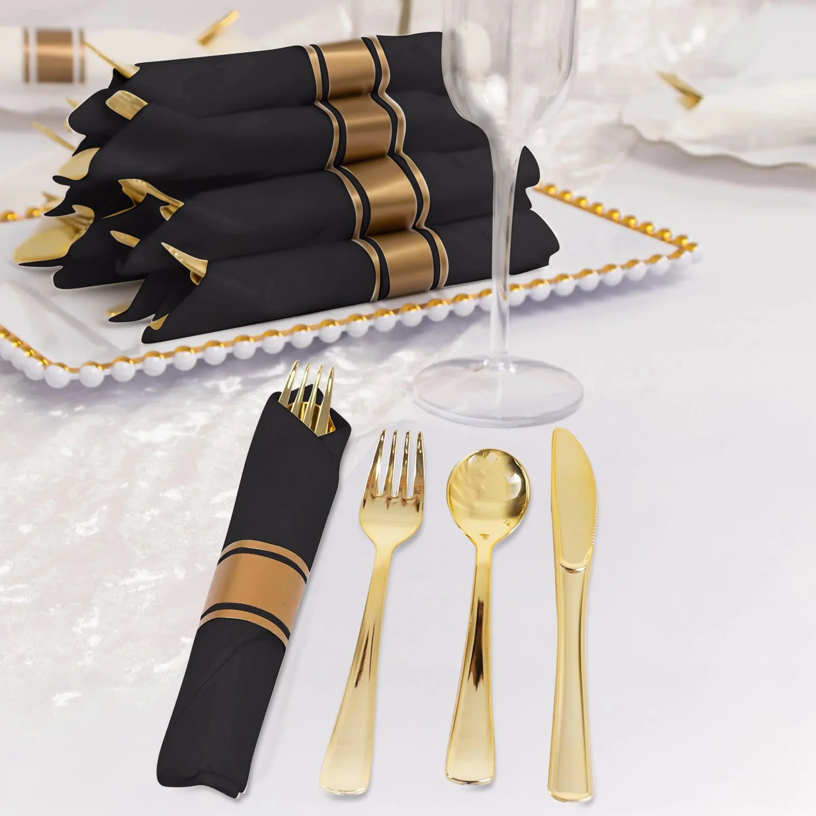 Set of 24 Plastic Silverware with Pre-Rolled Black Paper Napkins Gold - Disposable Wrapped Cutlery Set