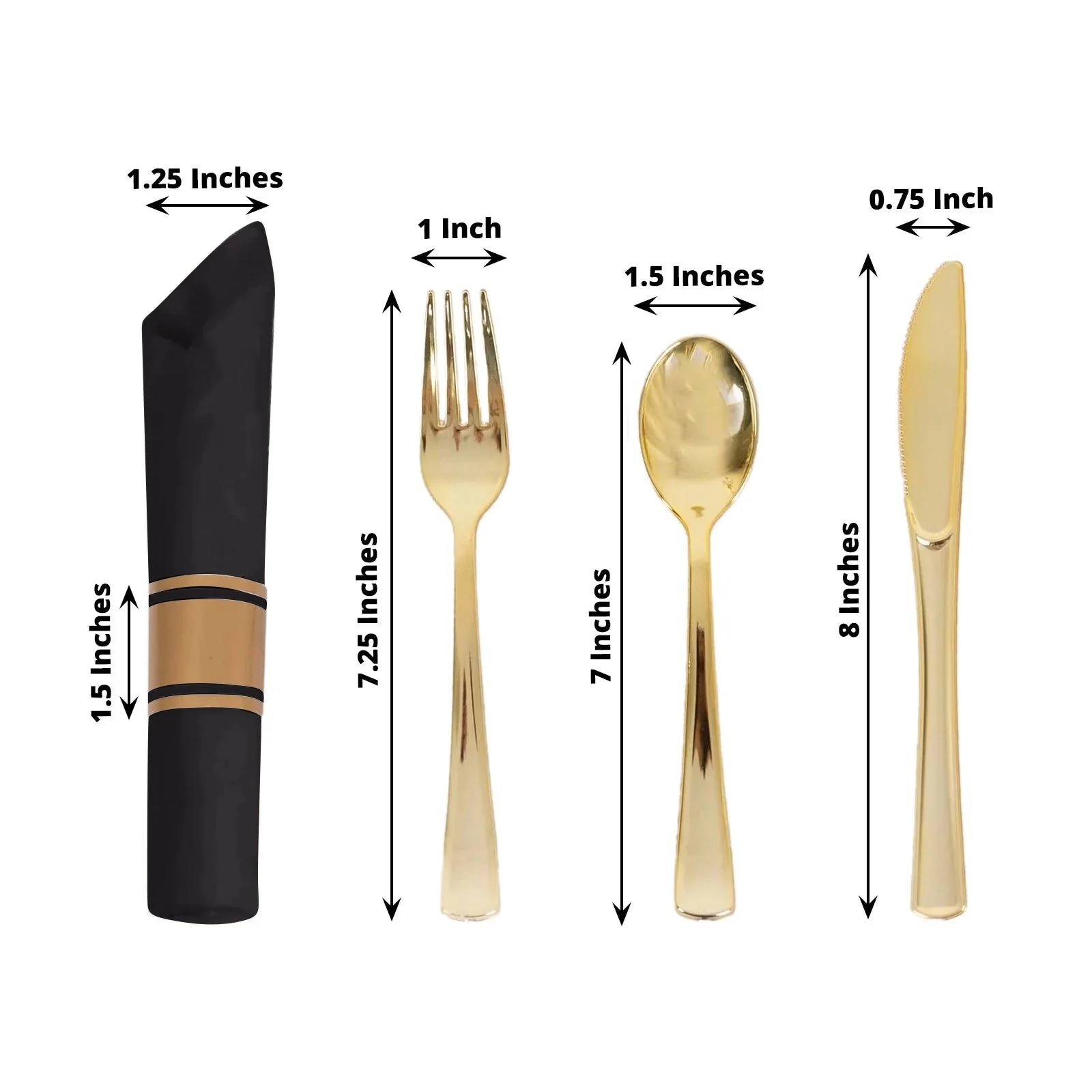 Set of 24 Plastic Silverware with Pre-Rolled Black Paper Napkins Gold - Disposable Wrapped Cutlery Set - Image 3