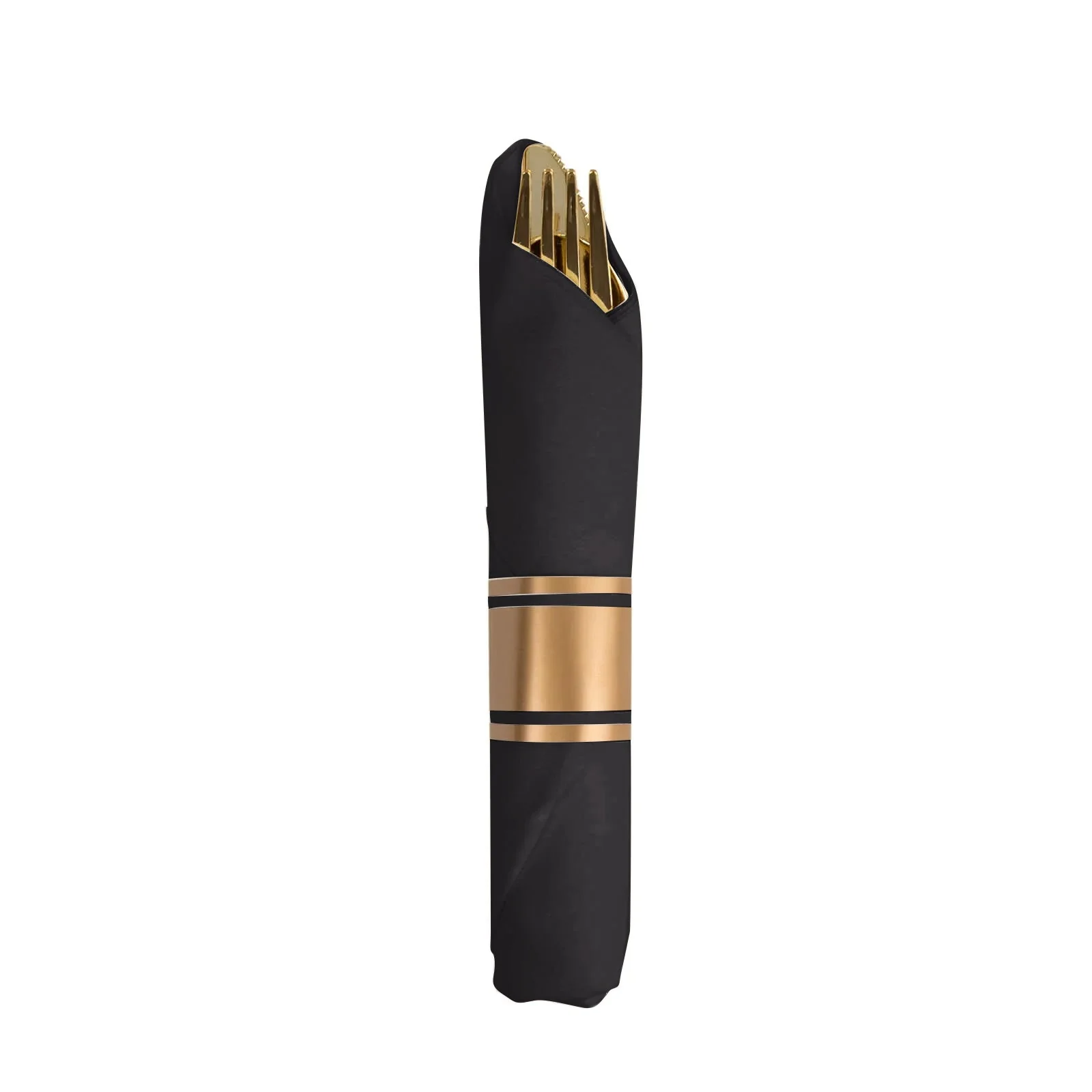 Set of 24 Plastic Silverware with Pre-Rolled Black Paper Napkins Gold - Disposable Wrapped Cutlery Set - Image 7