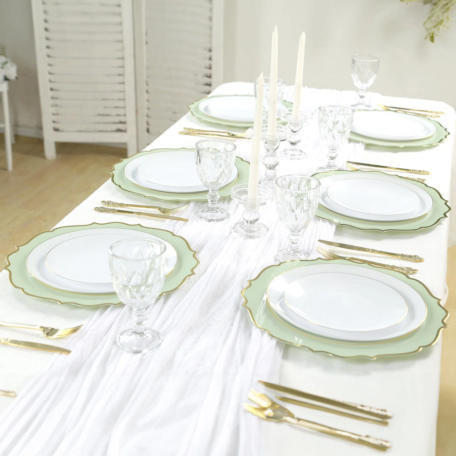 10-Pack Economy Plastic Charger Plates 13" Round Sage Green with Gold Scalloped Rim - Decorative Dinner Party Serving Plates - Image 6