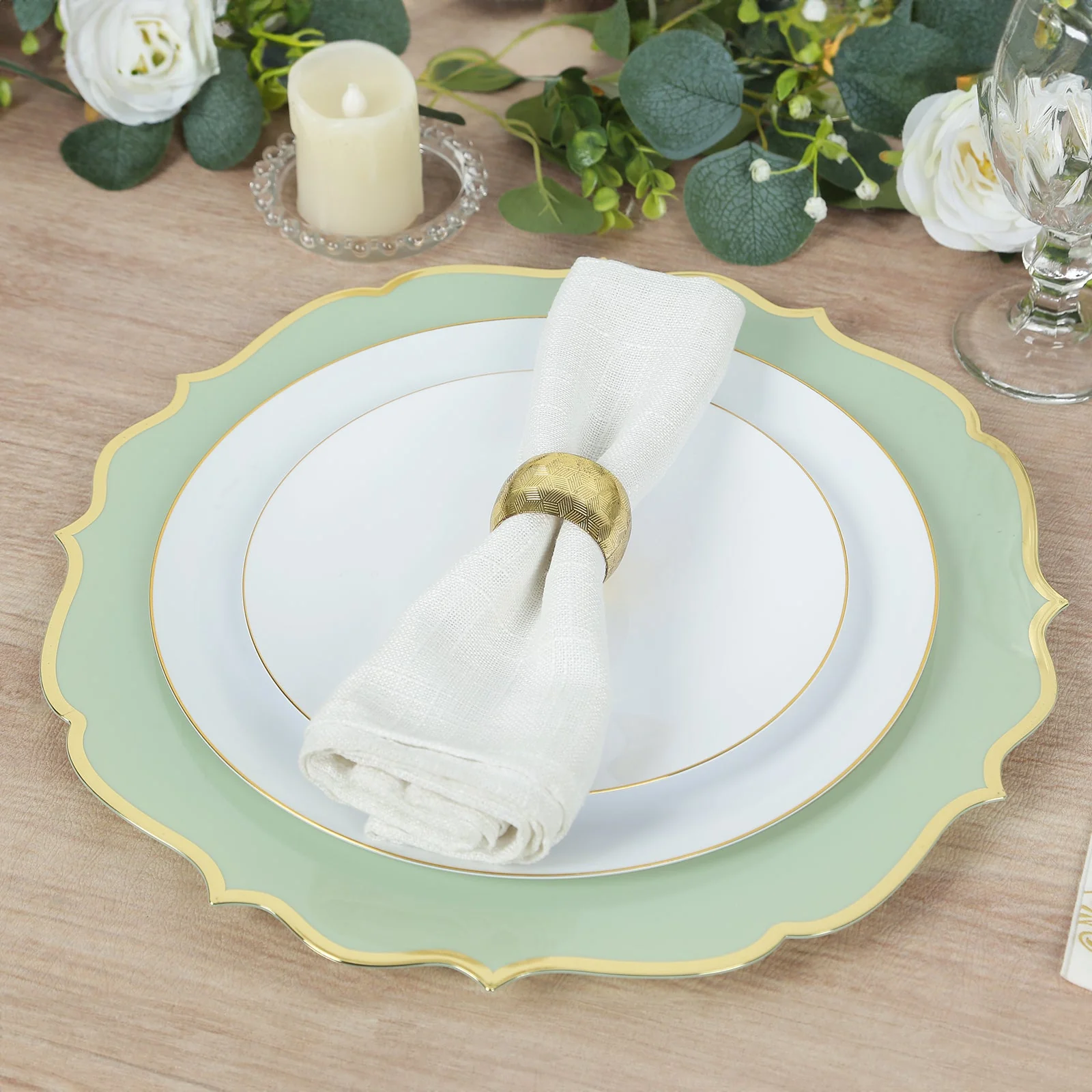 10-Pack Economy Plastic Charger Plates 13" Round Sage Green with Gold Scalloped Rim - Decorative Dinner Party Serving Plates - Image 8
