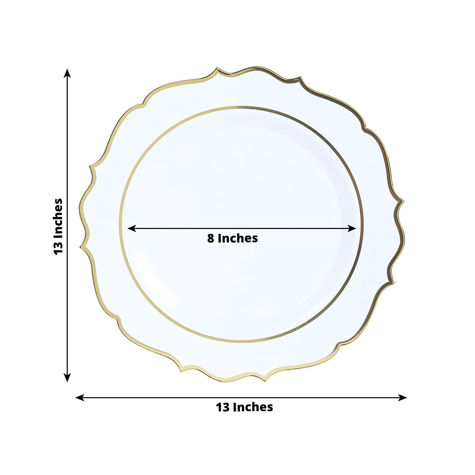 10-Pack Economy Plastic Charger Plates 13" Round White with Gold Scalloped Rim - Decorative Dinner Party Serving Plates - Image 2