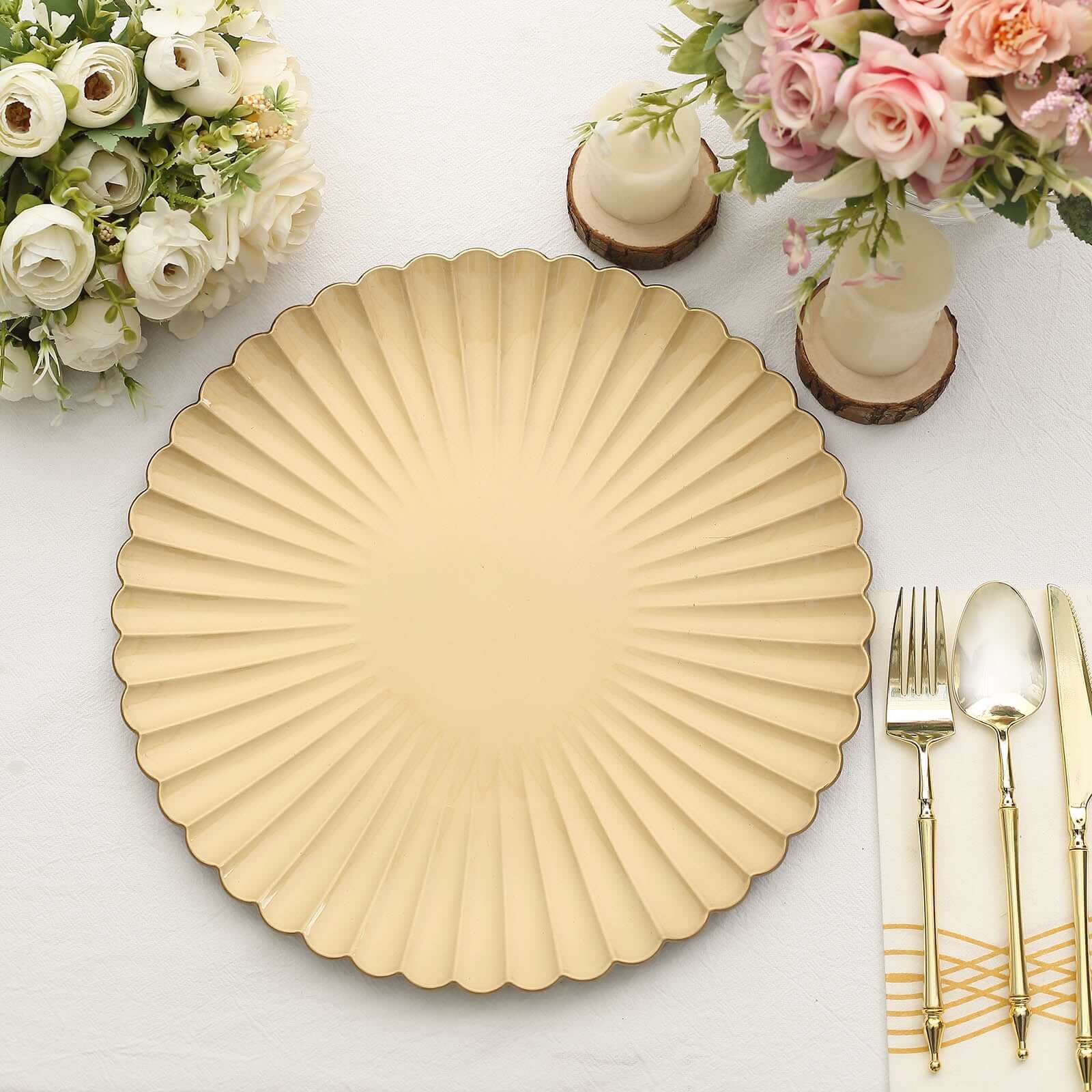 6-Pack Plastic Charger Plates 13" Round Gold with Scalloped Shell Pattern - Coastal Inspired Disposable Charger Tableware - Image 2