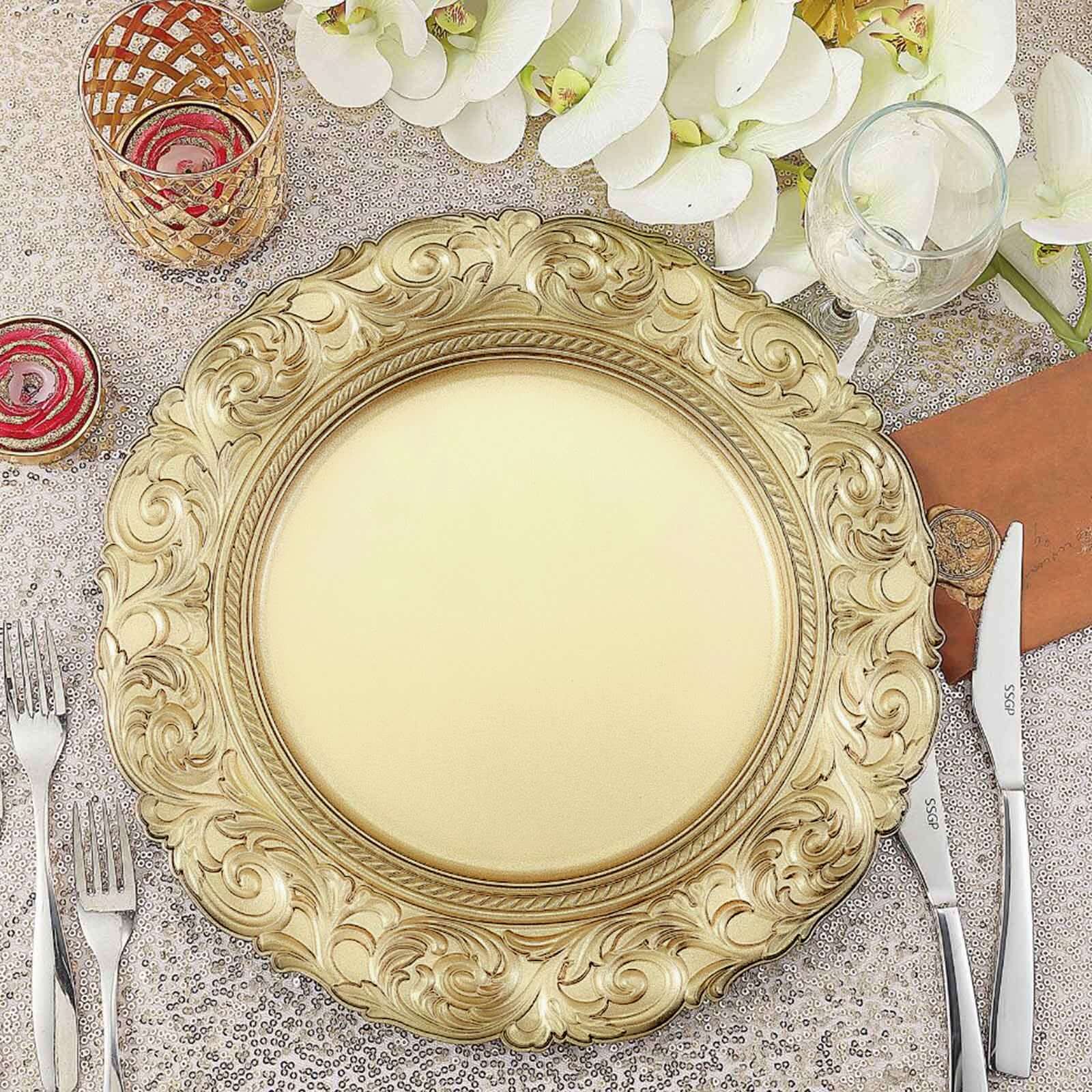 6-Pack Acrylic Charger Plates 14" Round Gold with Engraved Baroque Rim - Vintage Disposable Decorative Chargers - Image 7